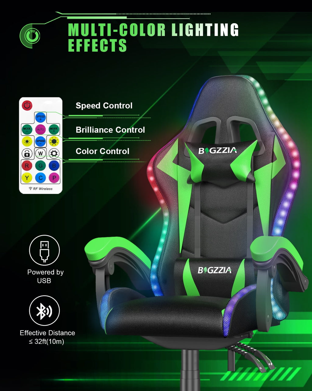 Bigzzia Gaming Chair with LED Lights, Adjustable Headrest & Lumbar Support, Height Adjustable, Green