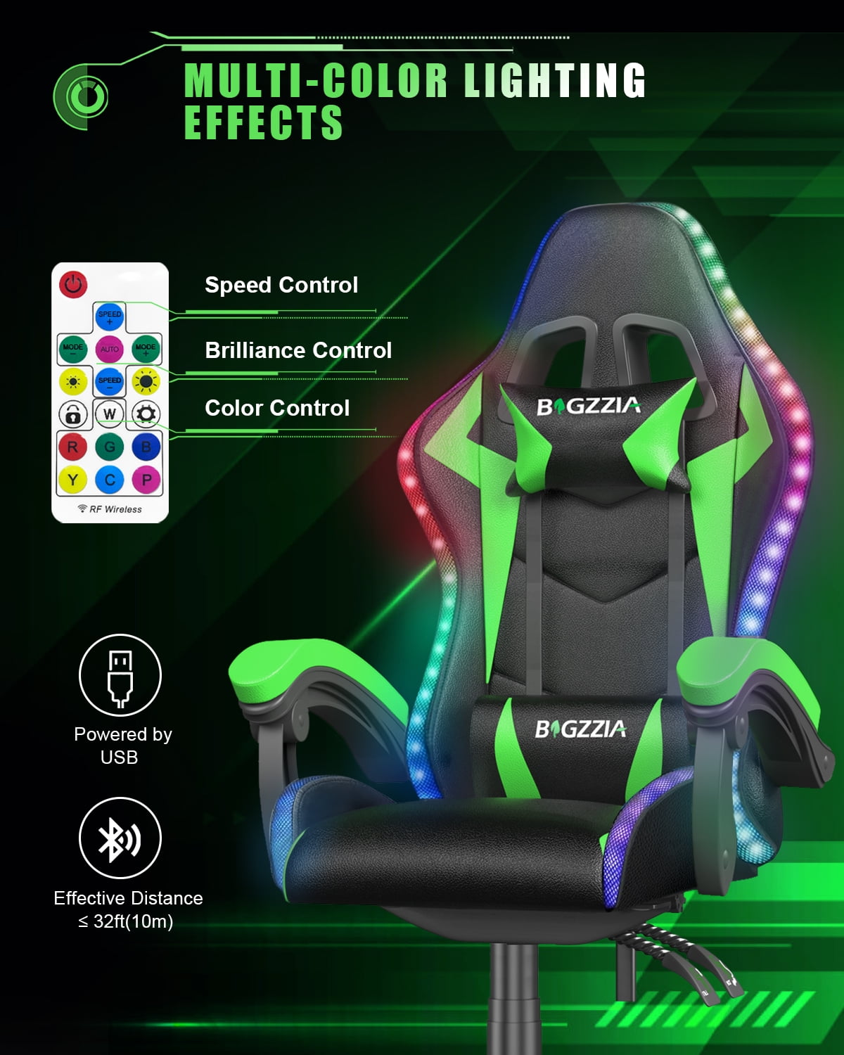 Bigzzia Gaming Chair with LED Lights, Adjustable Headrest & Lumbar Support, Height Adjustable, Green