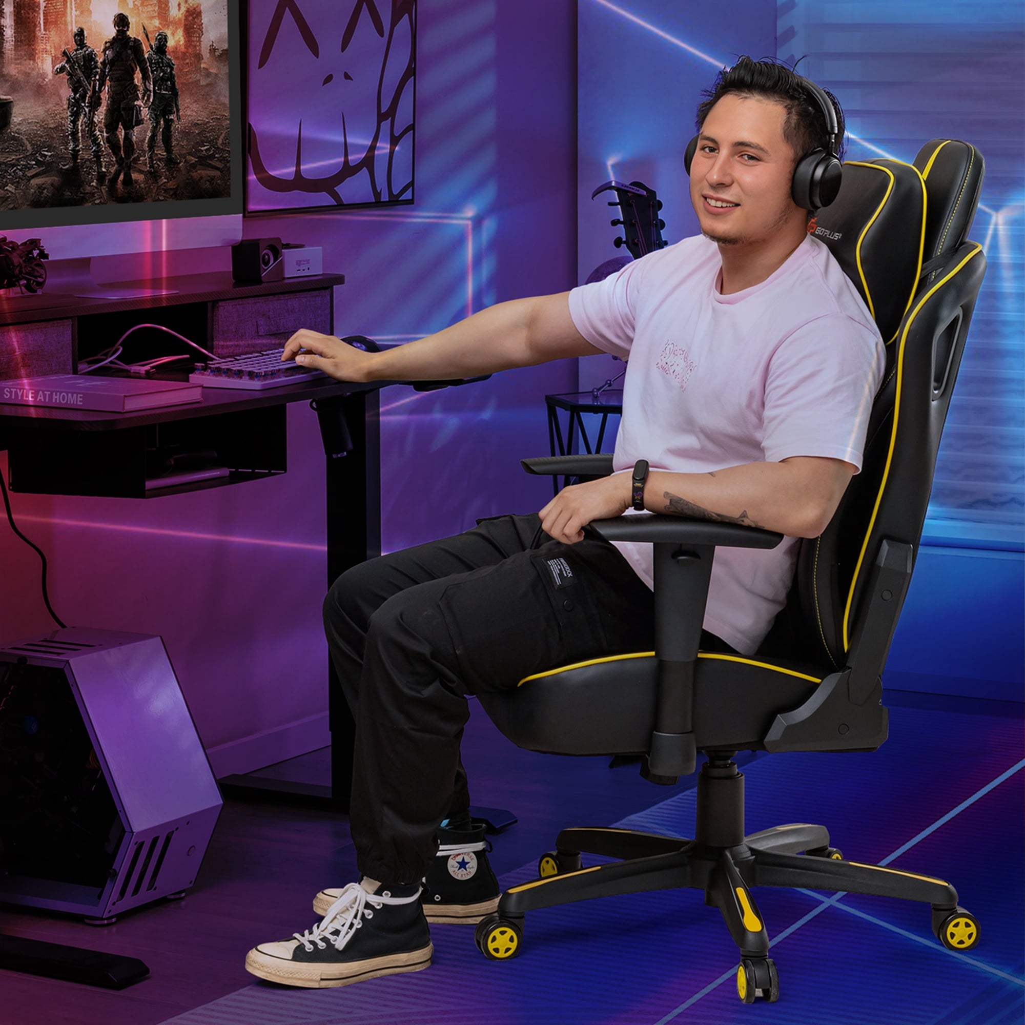 Goplus Gaming Chair 360° Swivel Computer Reclining Height Adjustable 2D Armrest Yellow