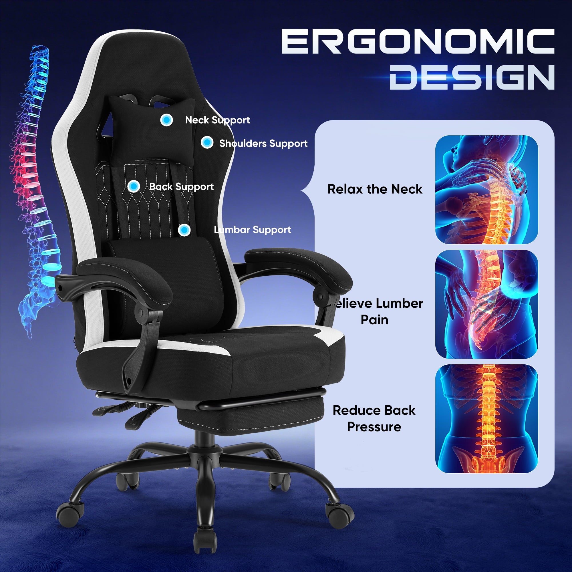 GIANNA Gaming Chair with Footrest, Ergonomic High Back Computer Desk Chair with Lumbar Support, Adjustable Height Swivel Task Chair with Headrest and Armrests, Black