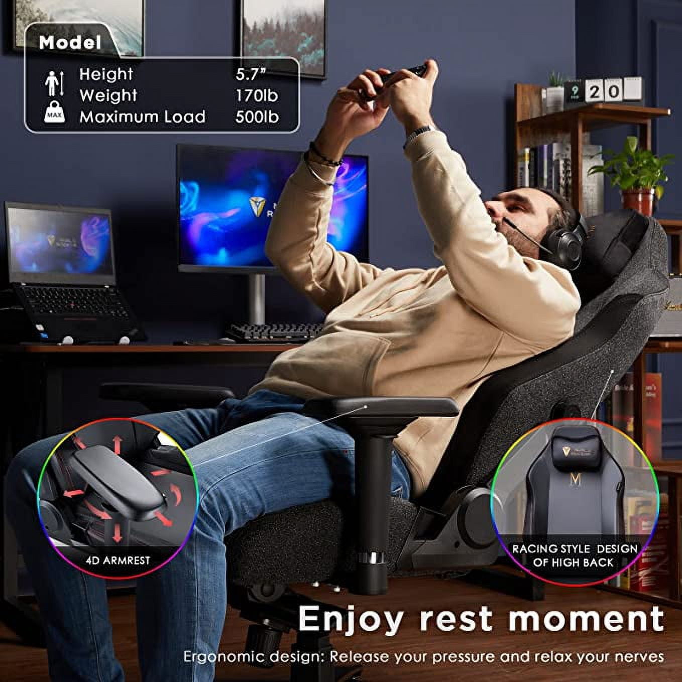 VANACC Gaming Chair Ergonomic PC Game Chair- Lumbar Support Headrest 4D Armrests Computer Chair, Big and Tall Comfortable Large, Black Polyester, R Size