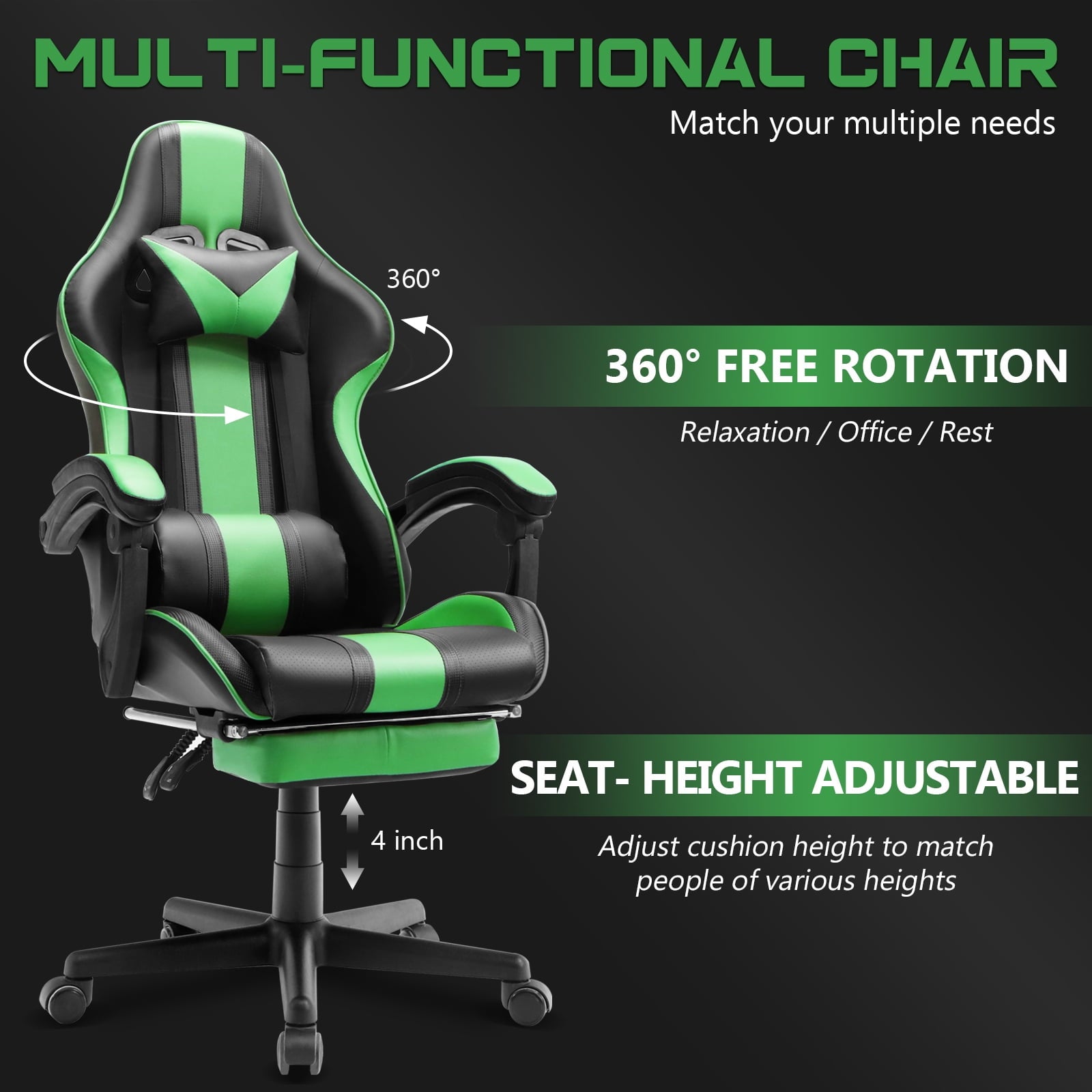SOONTRANS Green Gaming Chair for Adult, High Back Gamer Game Chair with Footrest & Massage Lumbar Pillow, Ergonomic Swivel Office Computer Chairs s Girls, Green