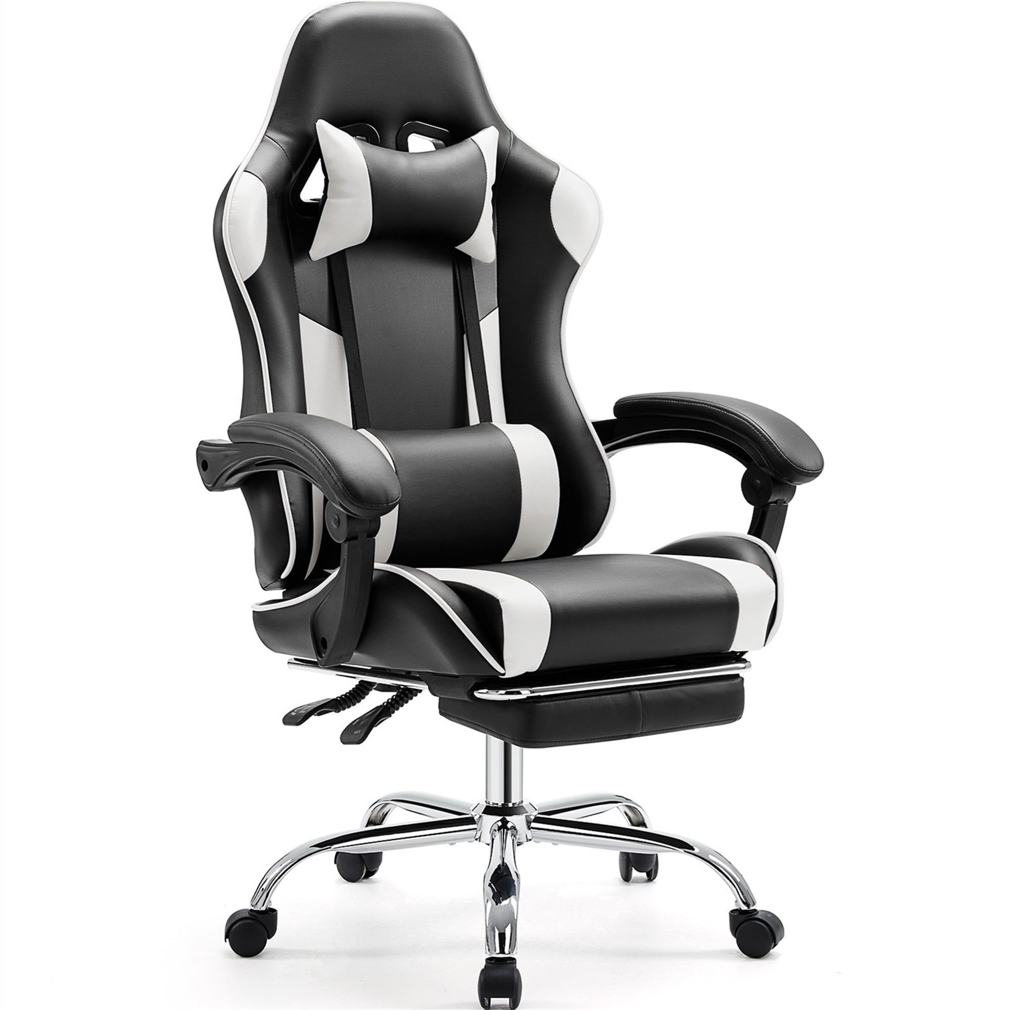 Aukfa Video Game Chair with Footrest, Racing Style Gamer Chair w/ Lumbar Support for Adults, Gray