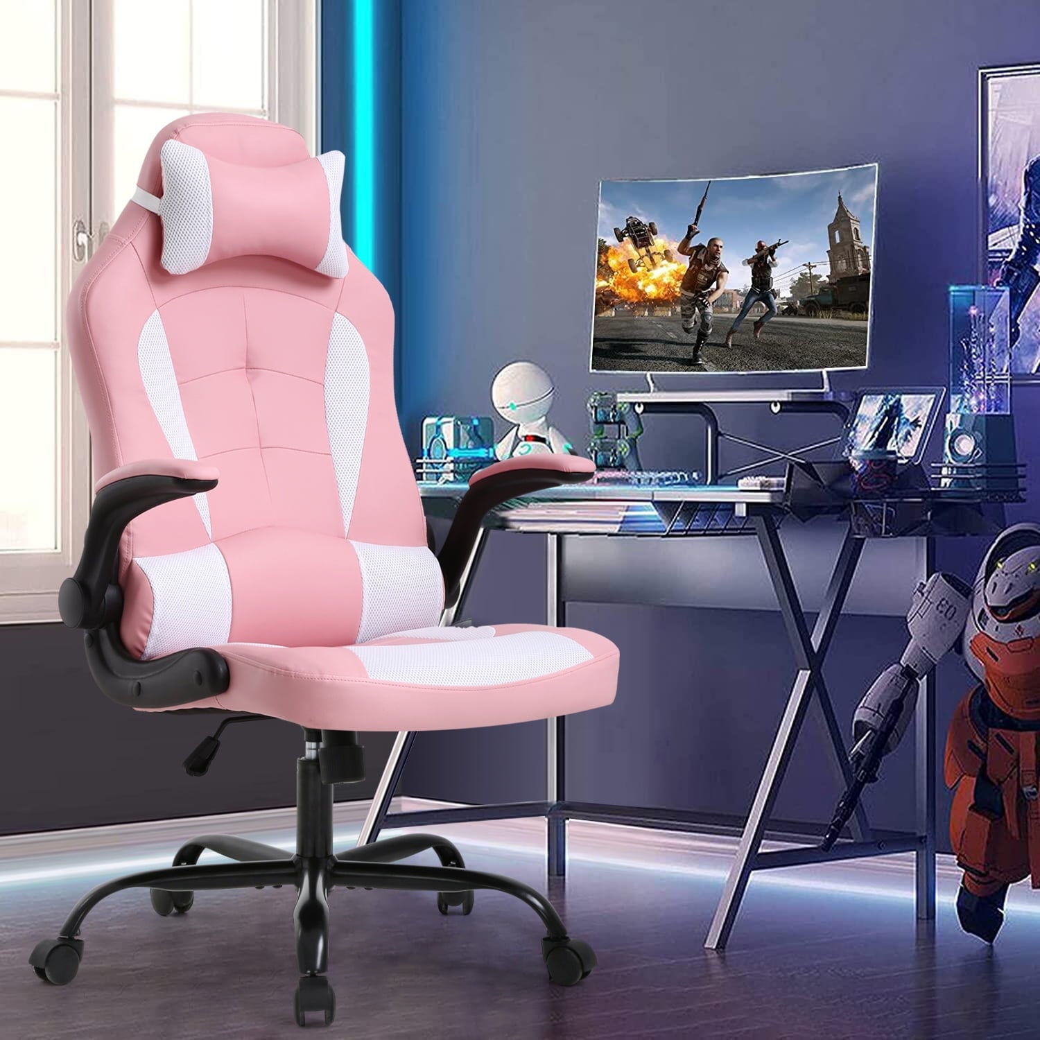 Dkelincs PC Gaming Chair Ergonomic Office Chair with Lumbar Support Flip Up Arms Headrest Adjustable Computer Desk Chair for Adults, White