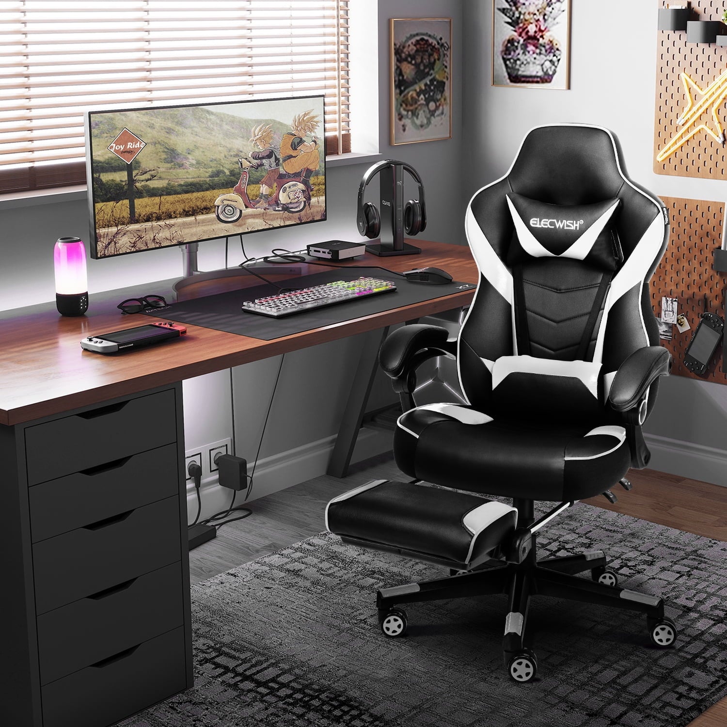 FULLWATT Racing Video Gaming Chair High Back Large Size Ergonomic Adjustable Swivel Reclining Executive Computer Chair with Headrest and Lumbar Support PU Leather Executive Office Chair White