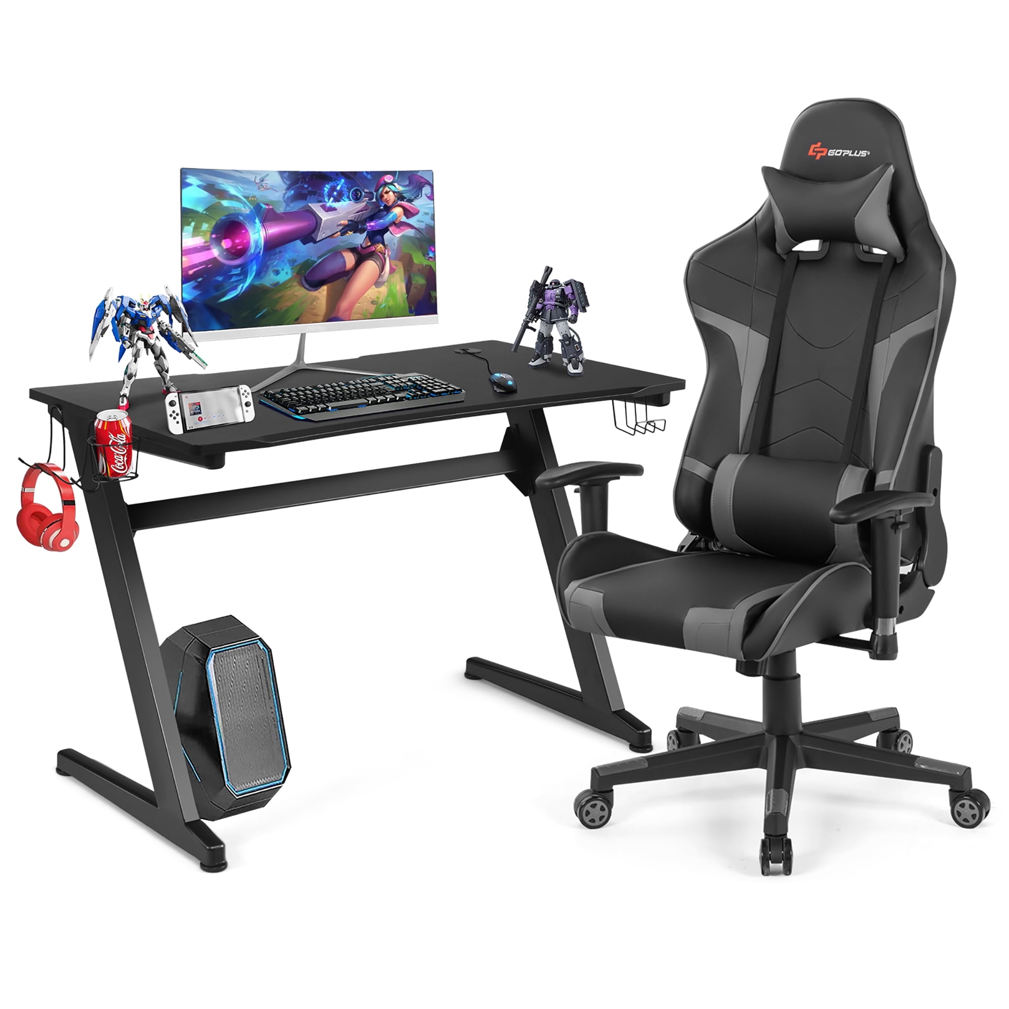 Goplus Z-Shaped Racing Style Desk &  Massage Gaming Chair Set for Home Office Red