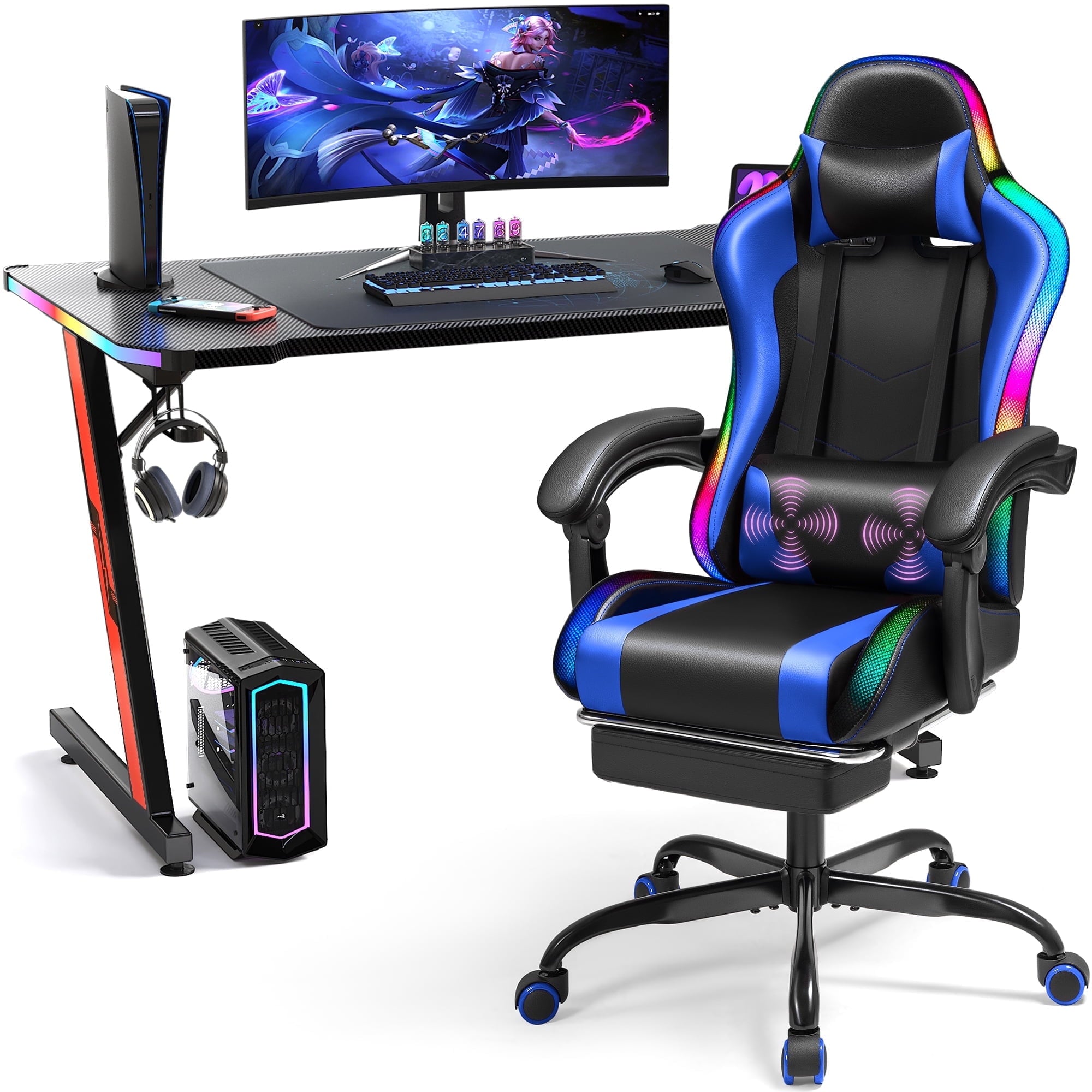 Homall RGB Gaming Desk and Chair Set, Carbon Fiber Desktop Z-Shape Table Massage Ergonomics Racing Chair E-Sports LED Lights RGB Gaming Chair with Footrest, White