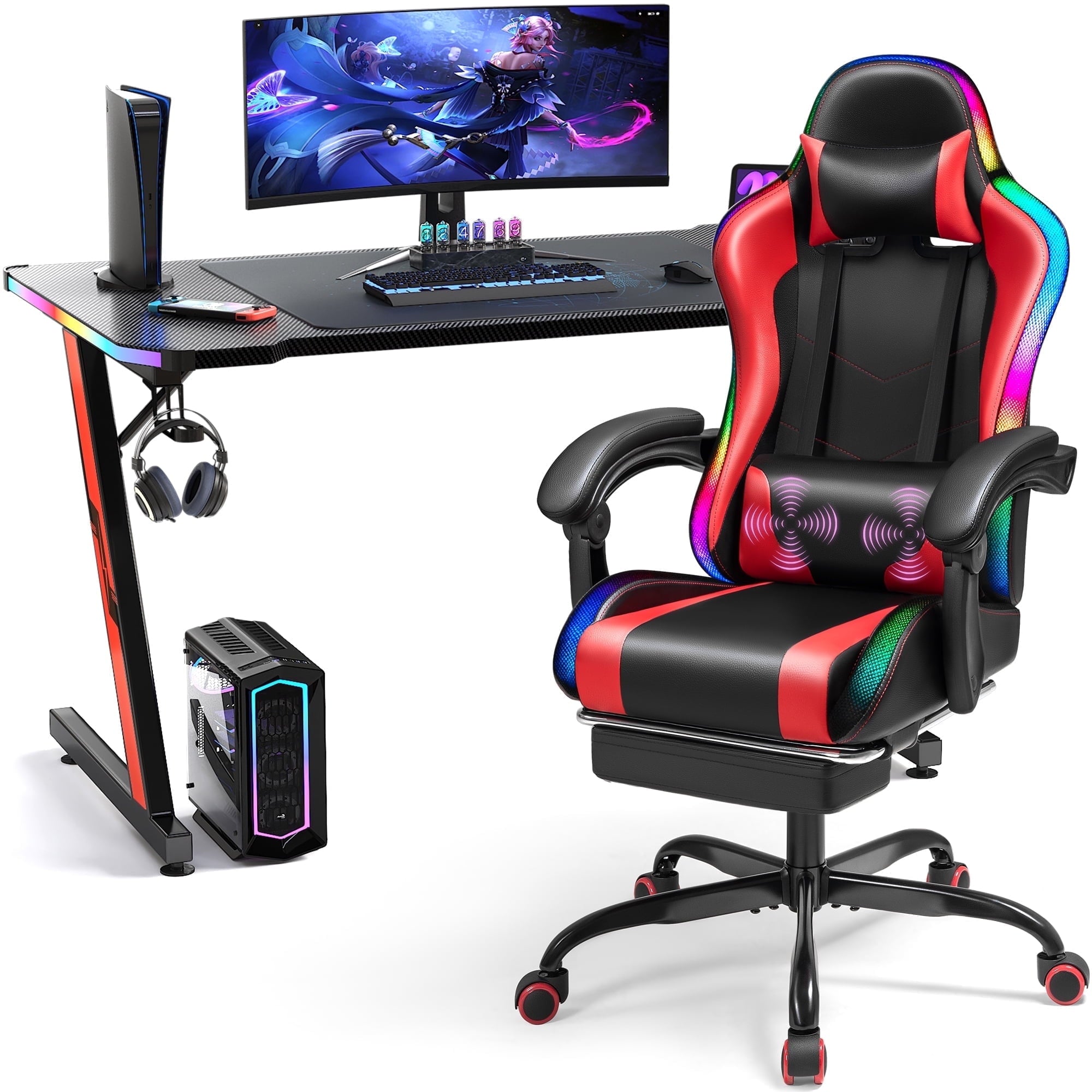 Homall RGB Gaming Desk and Chair Set, Carbon Fiber Desktop Z-Shape Table Massage Ergonomics Racing Chair E-Sports LED Lights RGB Gaming Chair with Footrest, White