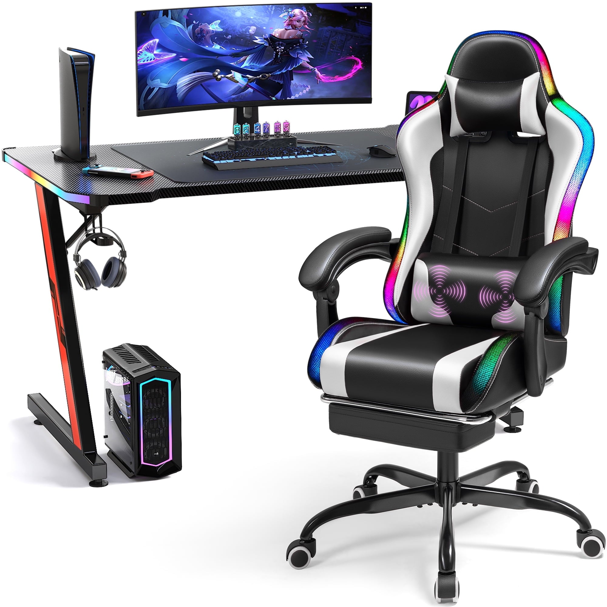 Homall RGB Gaming Desk and Chair Set, Carbon Fiber Desktop Z-Shape Table Massage Ergonomics Racing Chair E-Sports LED Lights RGB Gaming Chair with Footrest, White