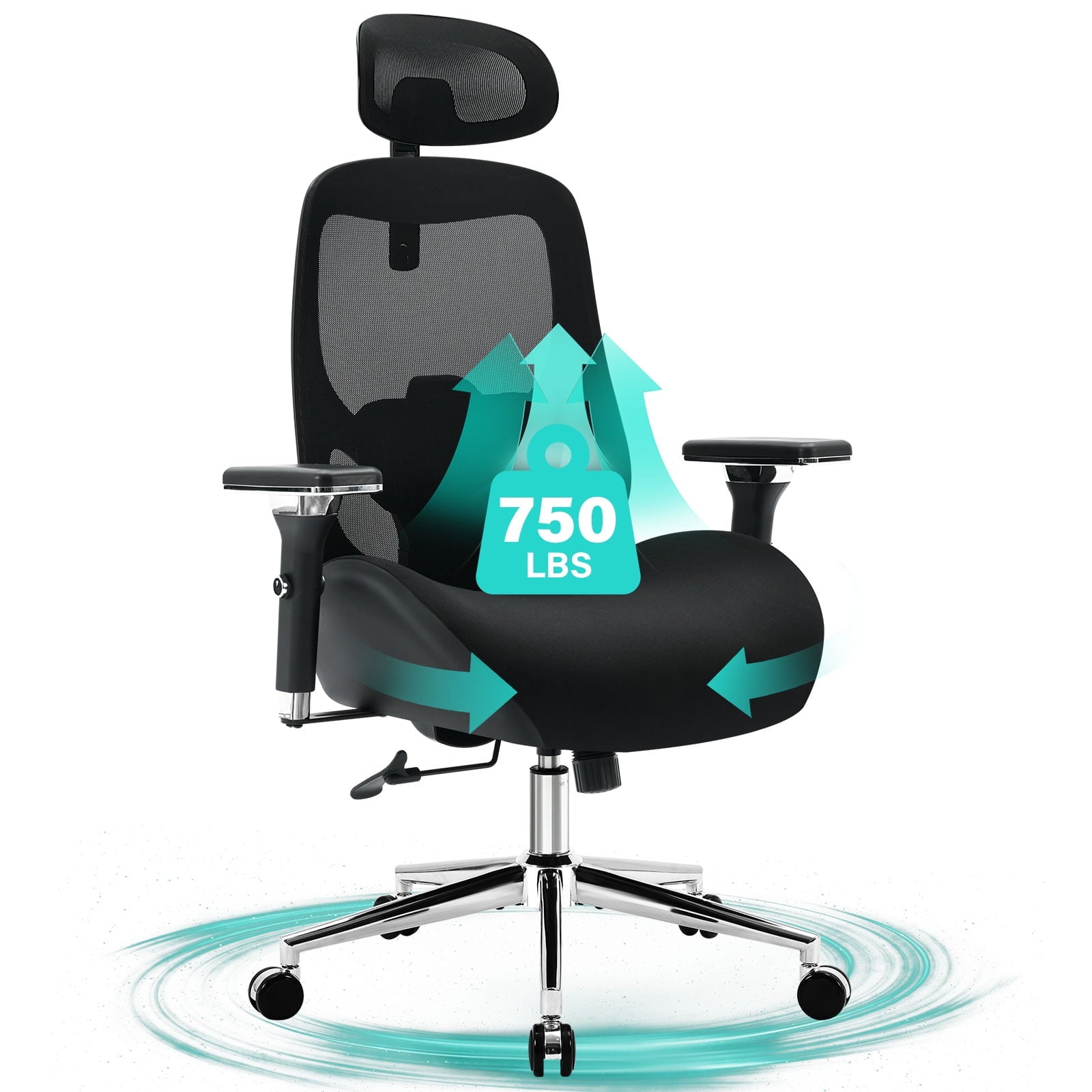 JONPONY 700lbs Big and Tall Office Chair with Wide Thick Seat Cushion,Ergonomic Computer Mesh Desk Chairs with 4D Armrests, Adjustable Lumbar Support for Adults 8 Hours daliy Work,Black