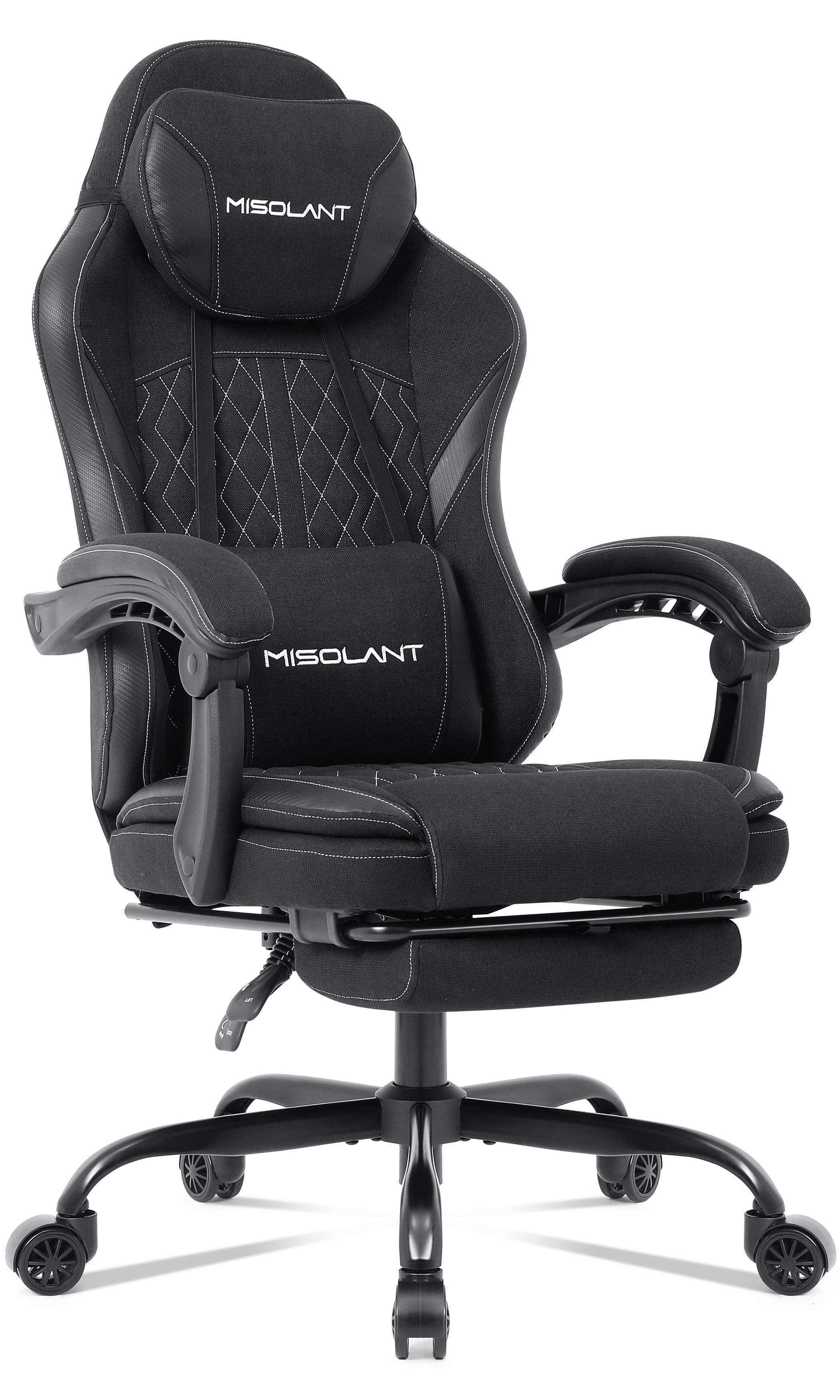 Misolant Gaming Chair, Fabric Gamer Chair with footrest for Adults, High Back Ergonomic Computer Game Chair with Adjustable Headrest and Massage Lumbar Support, 90-155° Recline Free，Black