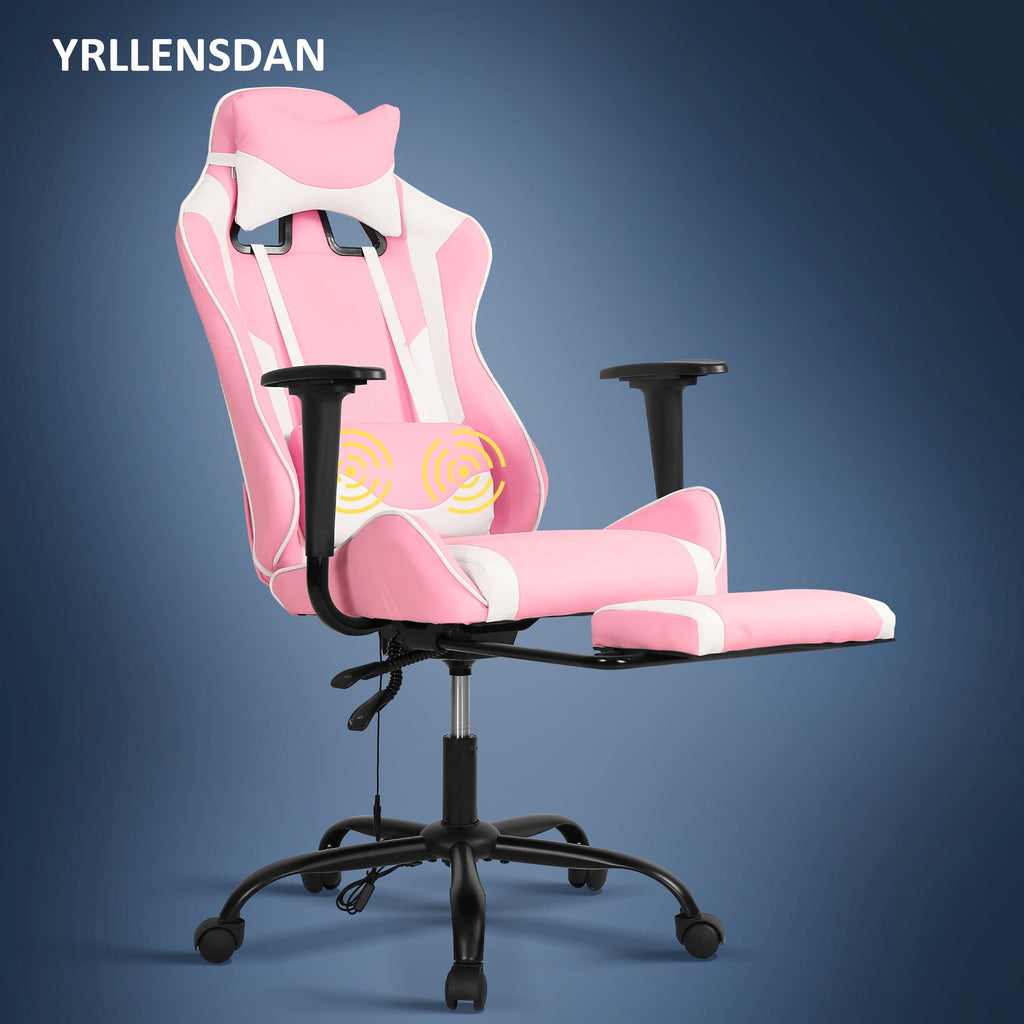 YRLLENSDAN Gaming Chair with Footrest & Adjustable Headrest for Adults and Kids, Big and Tall Gamer Chair with Lumbar Massage, Computer Chair Height Adjustable PU Leather Office Chair,Pink