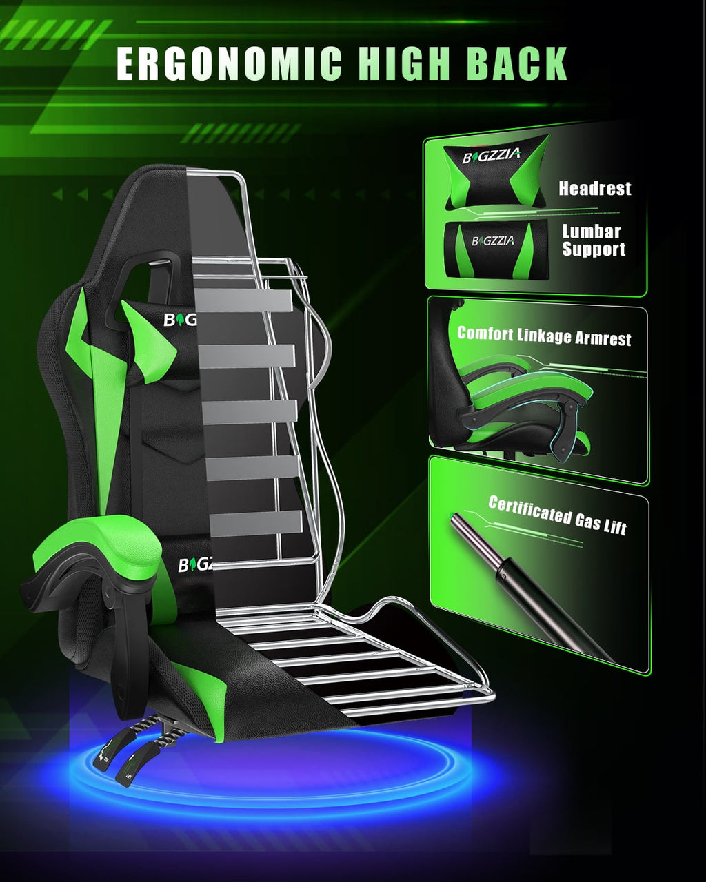 Bigzzia Gaming Chair with LED Lights, Adjustable Headrest & Lumbar Support, Height Adjustable, Green