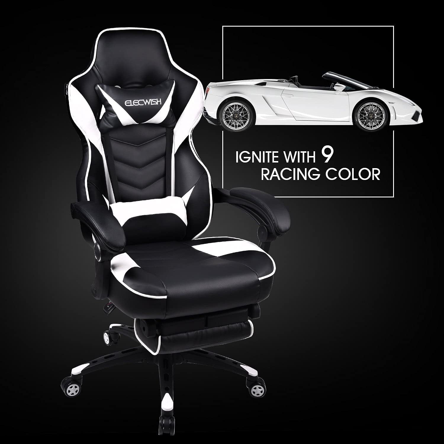 FULLWATT Racing Video Gaming Chair High Back Large Size Ergonomic Adjustable Swivel Reclining Executive Computer Chair with Headrest and Lumbar Support PU Leather Executive Office Chair White