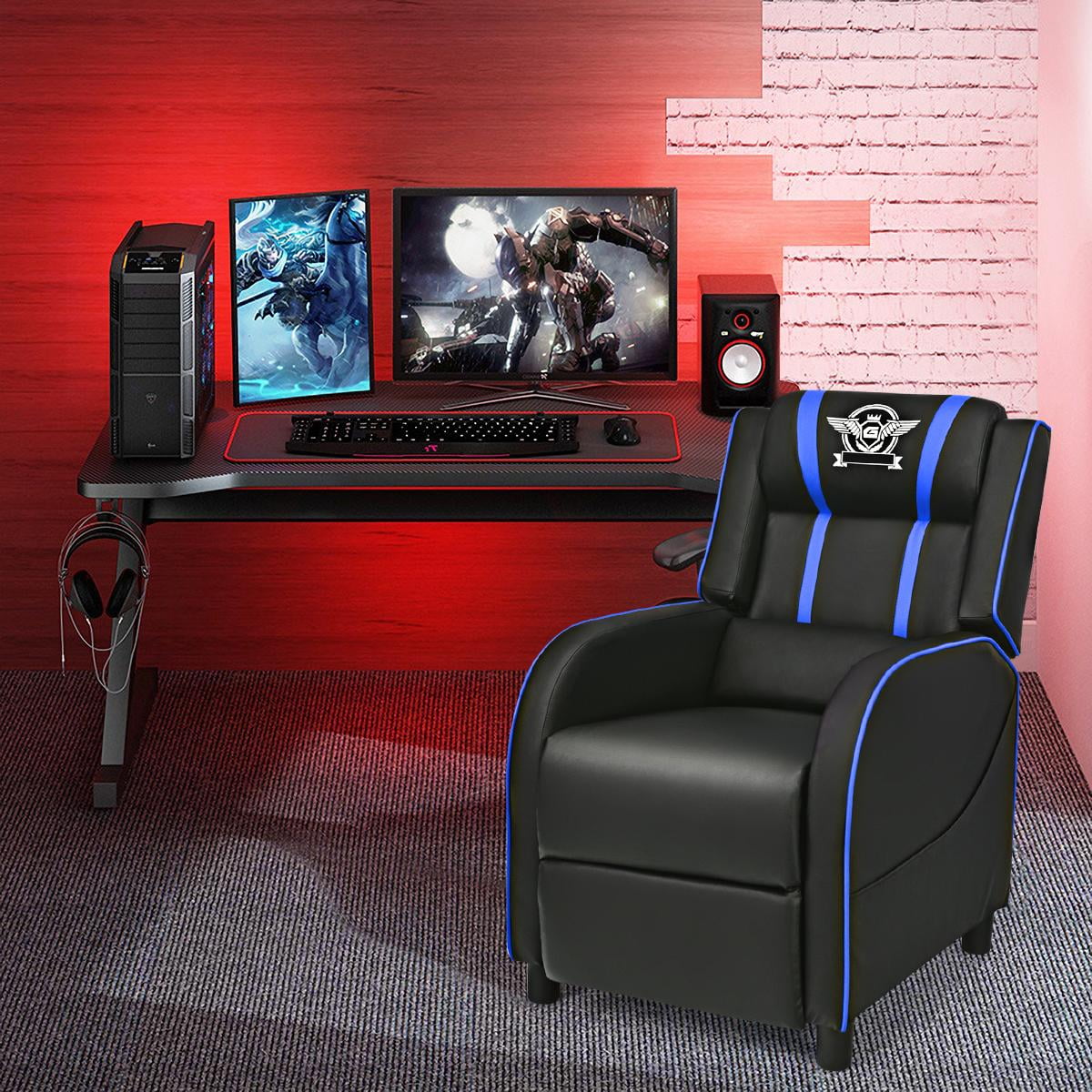 Giantex Gaming Recliner Chair, Reclining Gaming Chair Ergonomic Leather Sofa with Footrest Lumbar Support Headrest and Side Pouch for Living Room Home Theater, Blue
