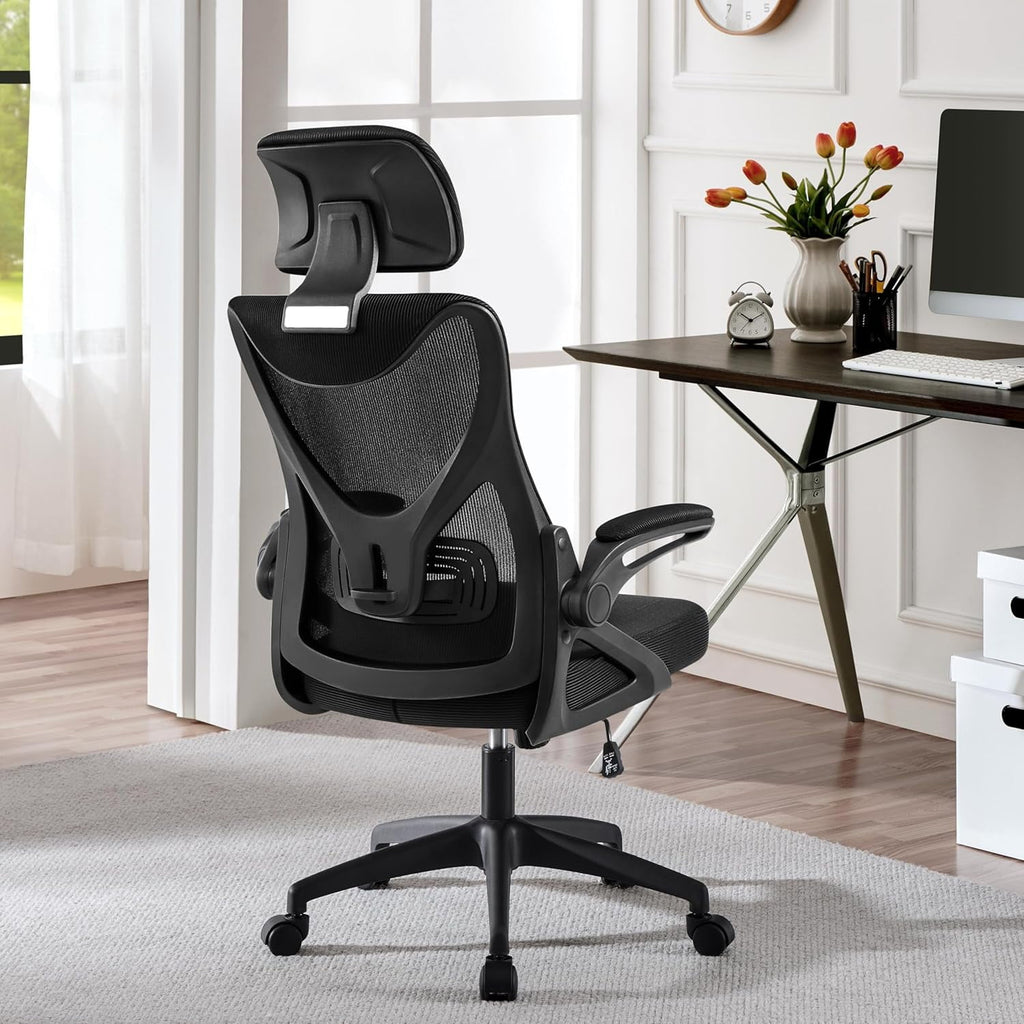 TDUKDB Ergonomic Mesh Office Chair, High Back Desk Chair with with flip-up Armrests, Adjustable Padded Headrest Computer Chair with Lumbar Support for Home Oiffce Game Room, Full Gray