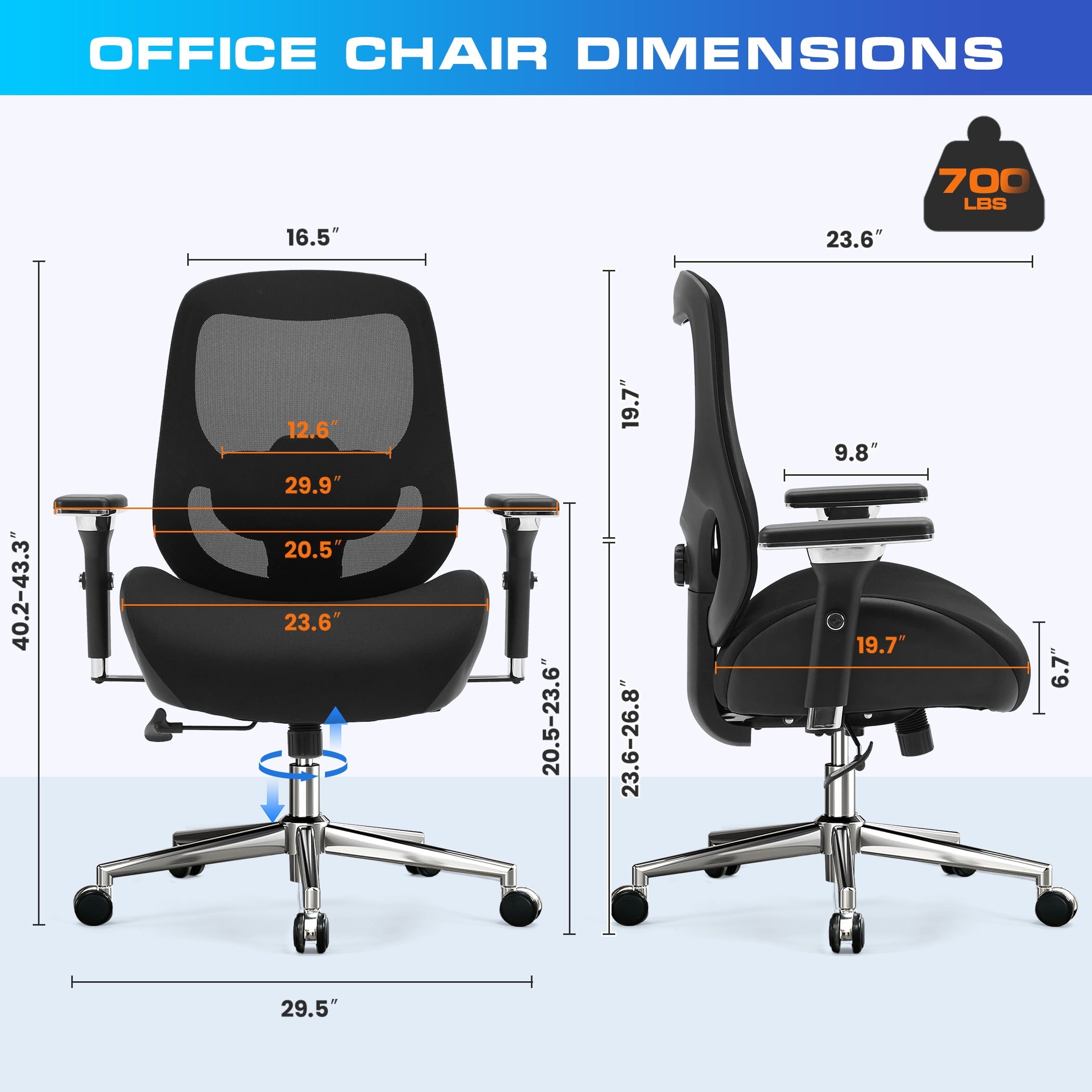 JONPONY 700lbs Big and Tall Office Chair with Wide Thick Seat Cushion,Ergonomic Computer Mesh Desk Chairs with 4D Armrests, Adjustable Lumbar Support for Adults 8 Hours daliy Work,Black