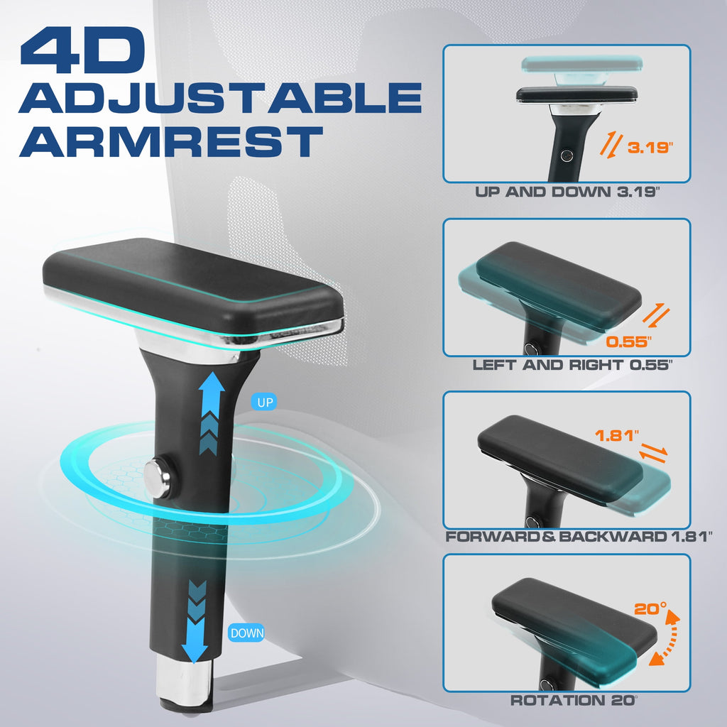 JONPONY 700lbs Big and Tall Office Chair with Wide Thick Seat Cushion,Ergonomic Computer Mesh Desk Chairs with 4D Armrests, Adjustable Lumbar Support for Adults 8 Hours daliy Work,Black