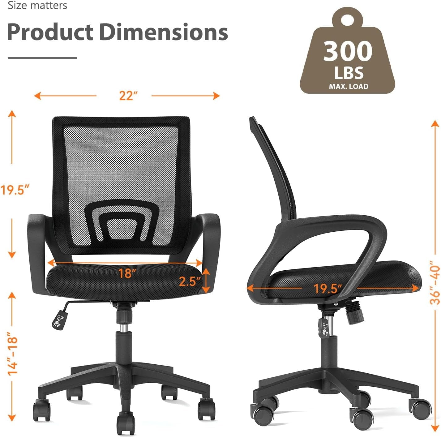Lorelia Home Office Chair, Ergonomic Mid-Back Mesh Desk Chair with Lumbar Support, Adjustable Swivel Rolling Design, Comfy Armrest for Work, Study, Gaming, Vanity, Black