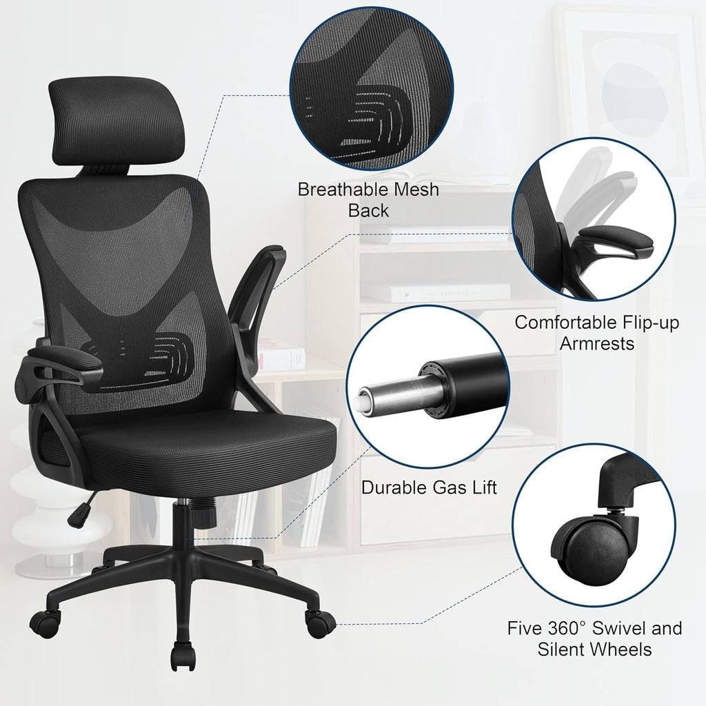 TDUKDB Ergonomic Mesh Office Chair, High Back Desk Chair with with flip-up Armrests, Adjustable Padded Headrest Computer Chair with Lumbar Support for Home Oiffce Game Room, Full Gray