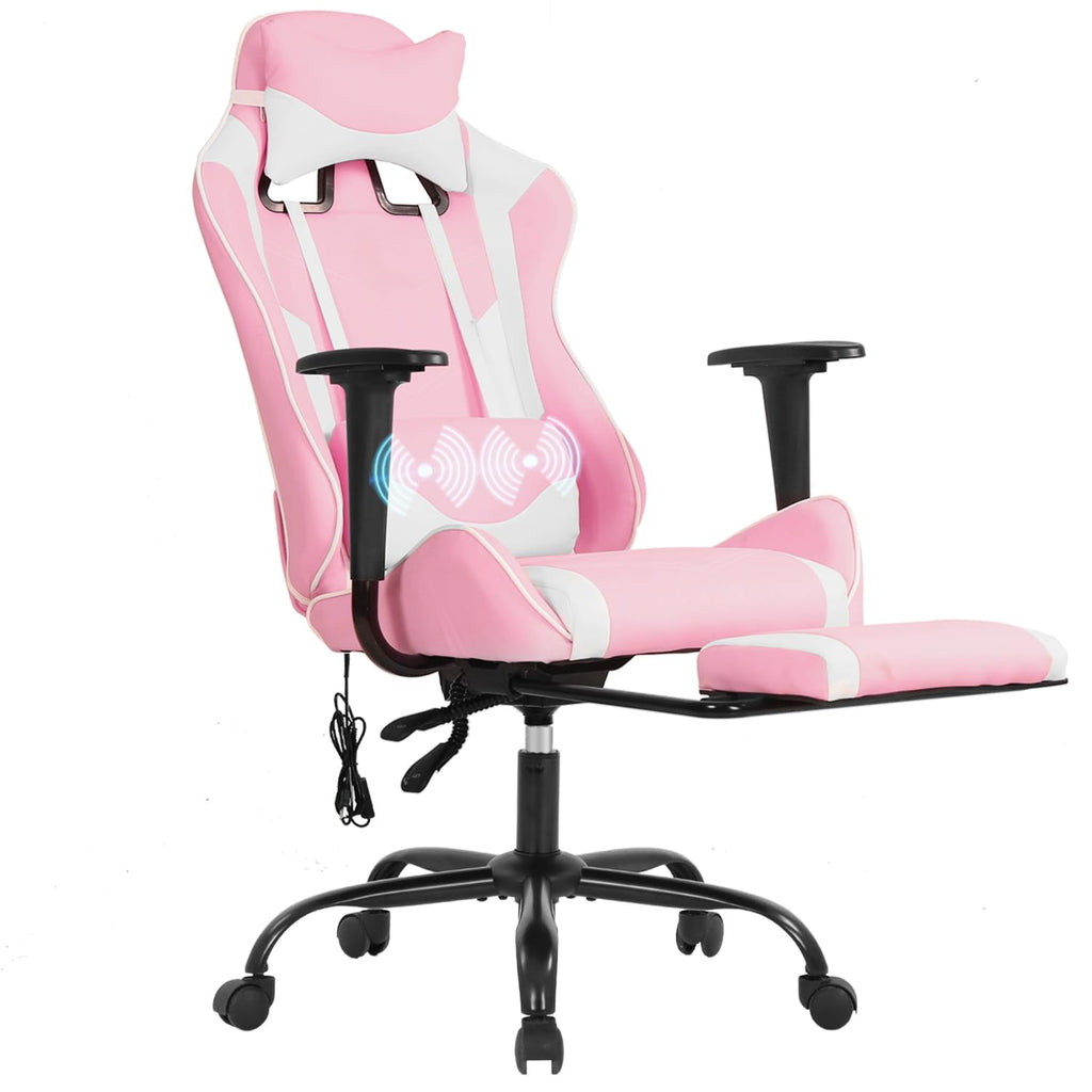 YRLLENSDAN Gaming Chair with Footrest & Adjustable Headrest for Adults and Kids, Big and Tall Gamer Chair with Lumbar Massage, Computer Chair Height Adjustable PU Leather Office Chair,Pink