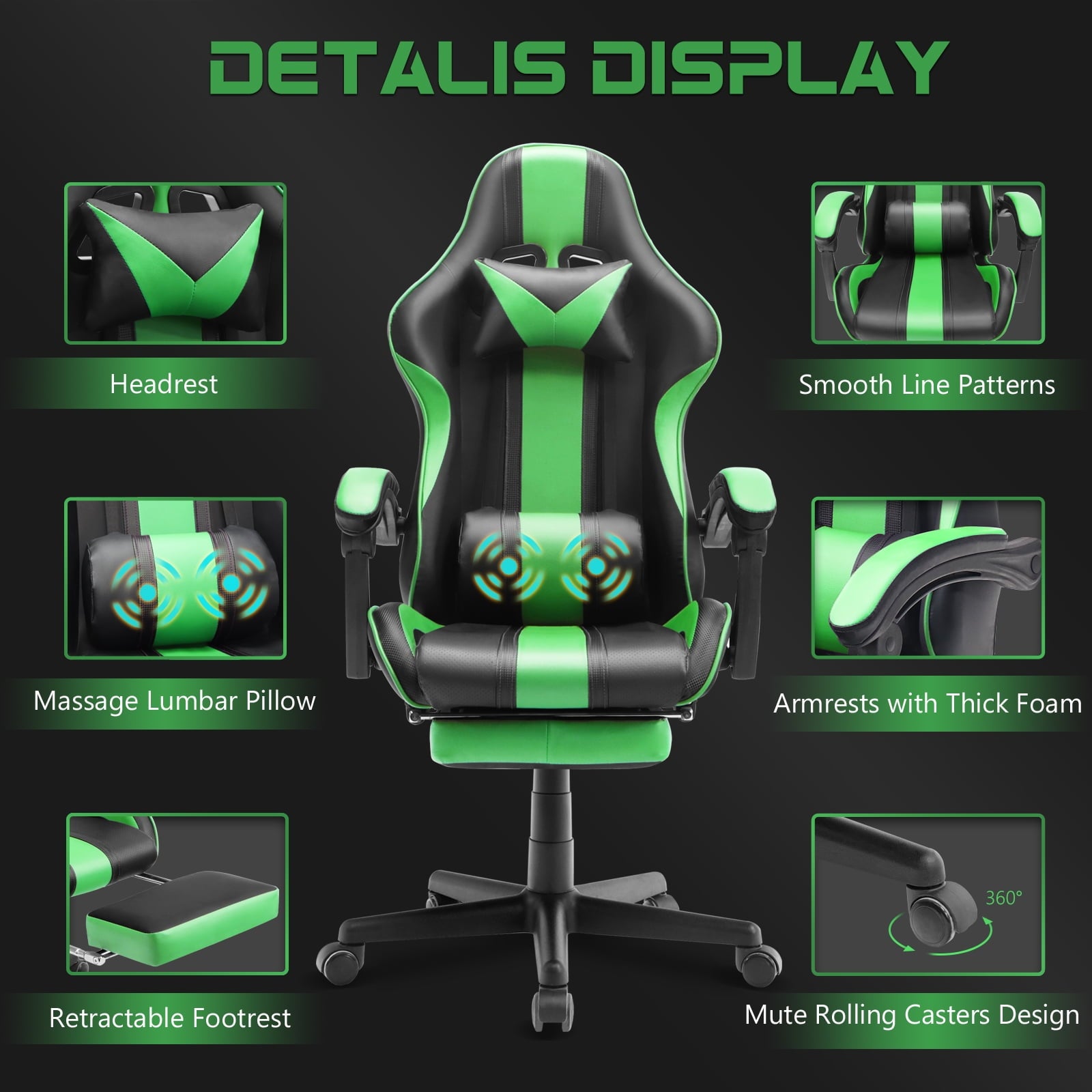 SOONTRANS Green Gaming Chair for Adult, High Back Gamer Game Chair with Footrest & Massage Lumbar Pillow, Ergonomic Swivel Office Computer Chairs s Girls, Green
