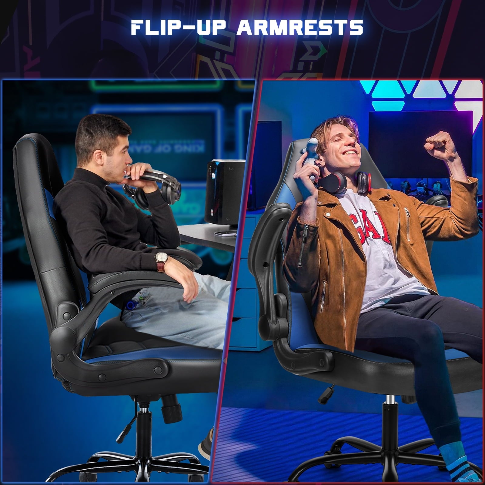 Mayoume Computer Gaming Chair - Ergonomic PU Leather Desk Chair with Comfy Lumbar Support, Height Adjustable 360° Rolling with Flip-up Armrest, for Home and Office, Adults