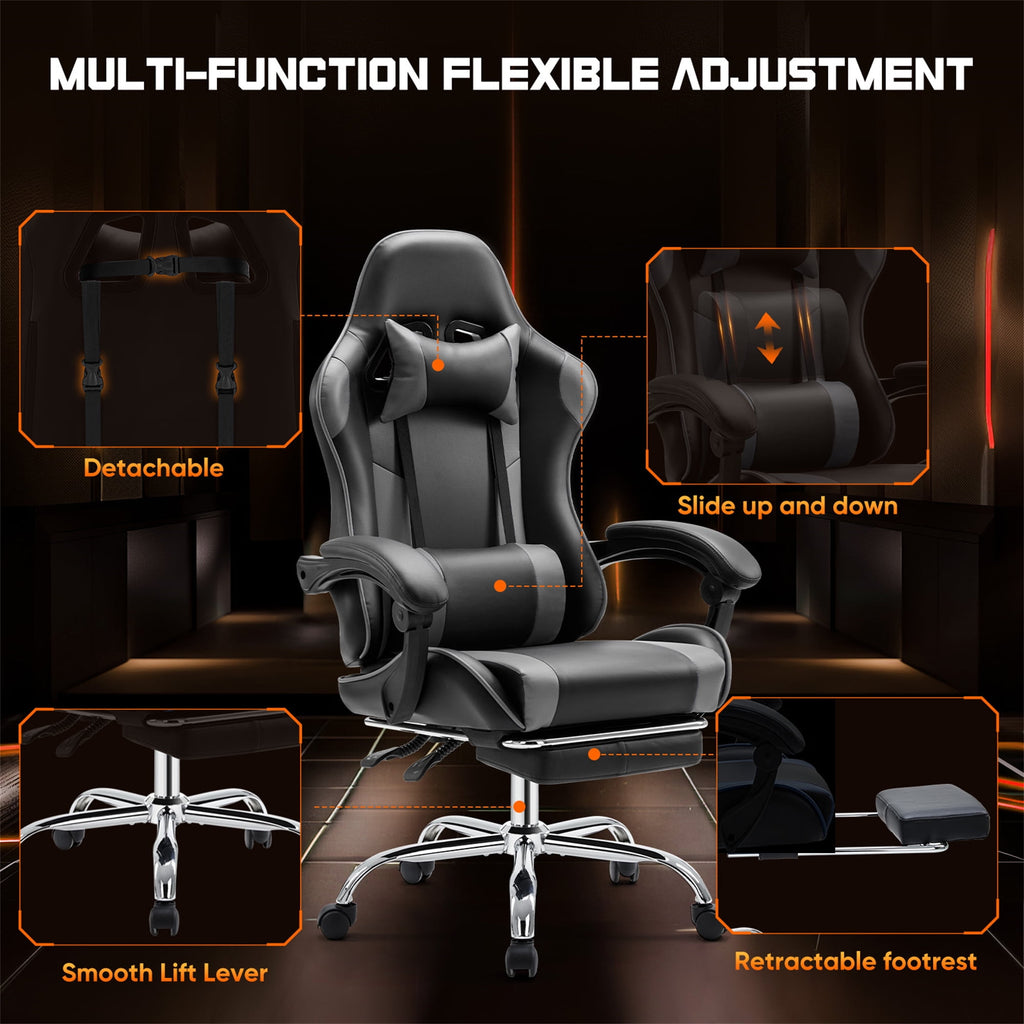 Aukfa Video Game Chair with Footrest, Racing Style Gamer Chair w/ Lumbar Support for Adults, Gray