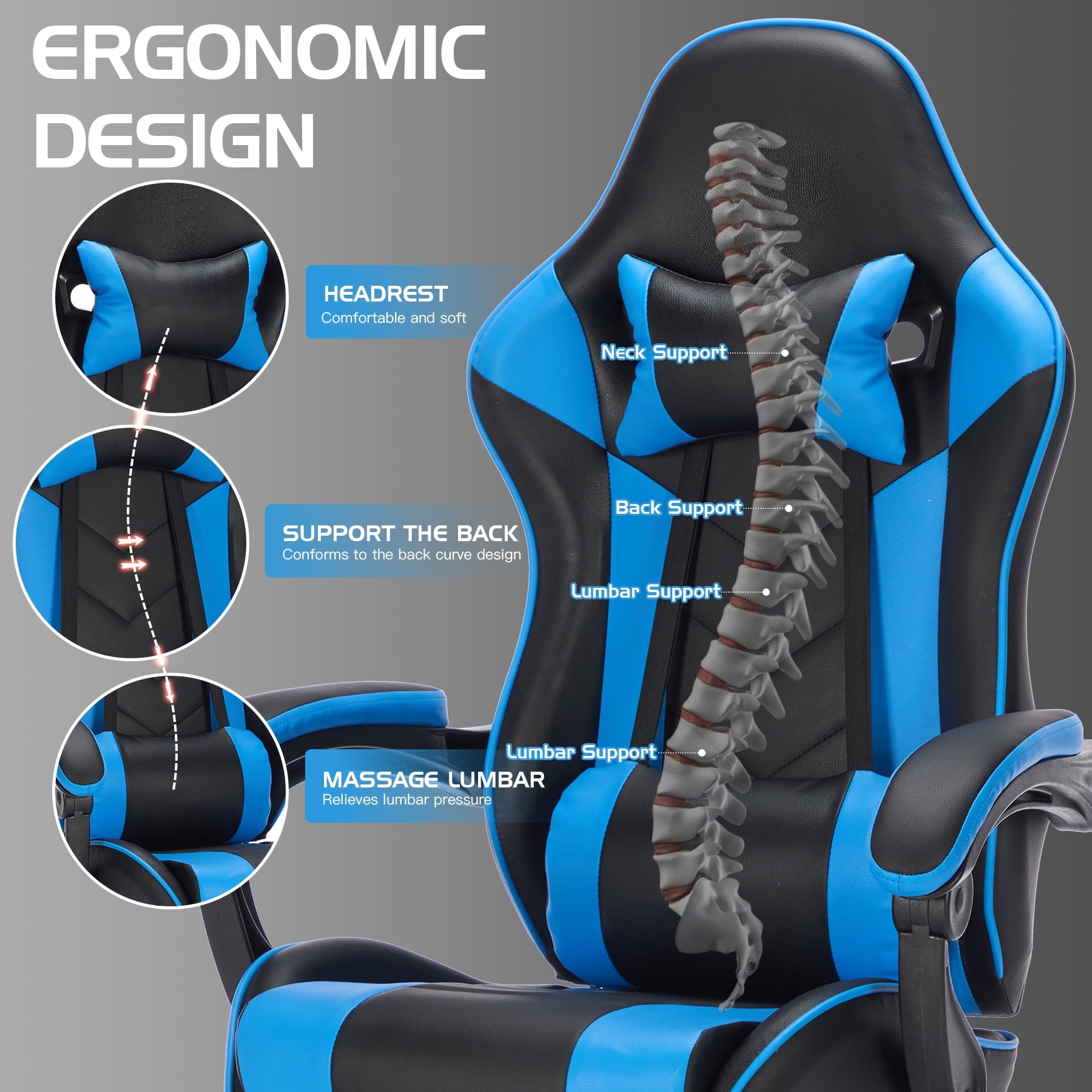 Reclining Game Chair Gaming Chair with Footrest, Ergonomic Computer Chair with Headrest and Lumbar Support, Breathable Material Height Adjustable Video Game Chairs for Adults, Blackblue,Gaming Reclin