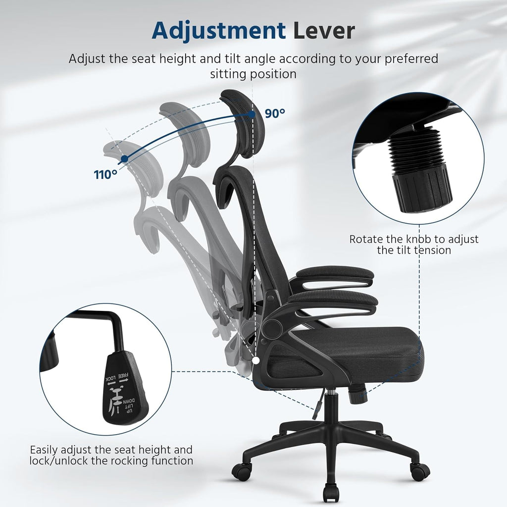 TDUKDB Ergonomic Mesh Office Chair, High Back Desk Chair with with flip-up Armrests, Adjustable Padded Headrest Computer Chair with Lumbar Support for Home Oiffce Game Room, Full Gray