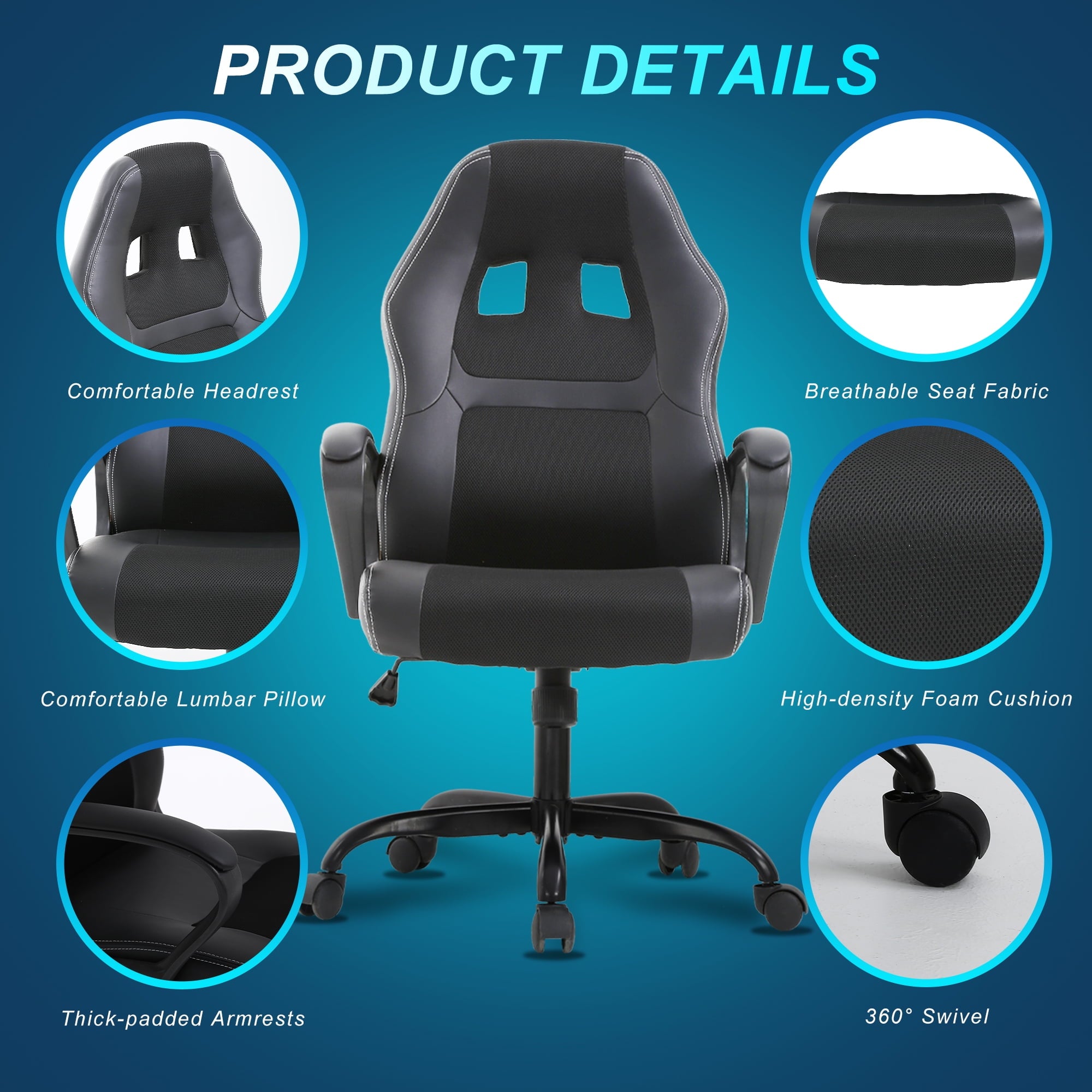 YRLLENSDAN Office Gaming Chairs Ergonomic Office Chair w/ Lumbar Support Armrest PU Leather Adjustable Height Computer Gaming Chair Gaming Desk Chair Gaming Computer Chairs for Adults, Black