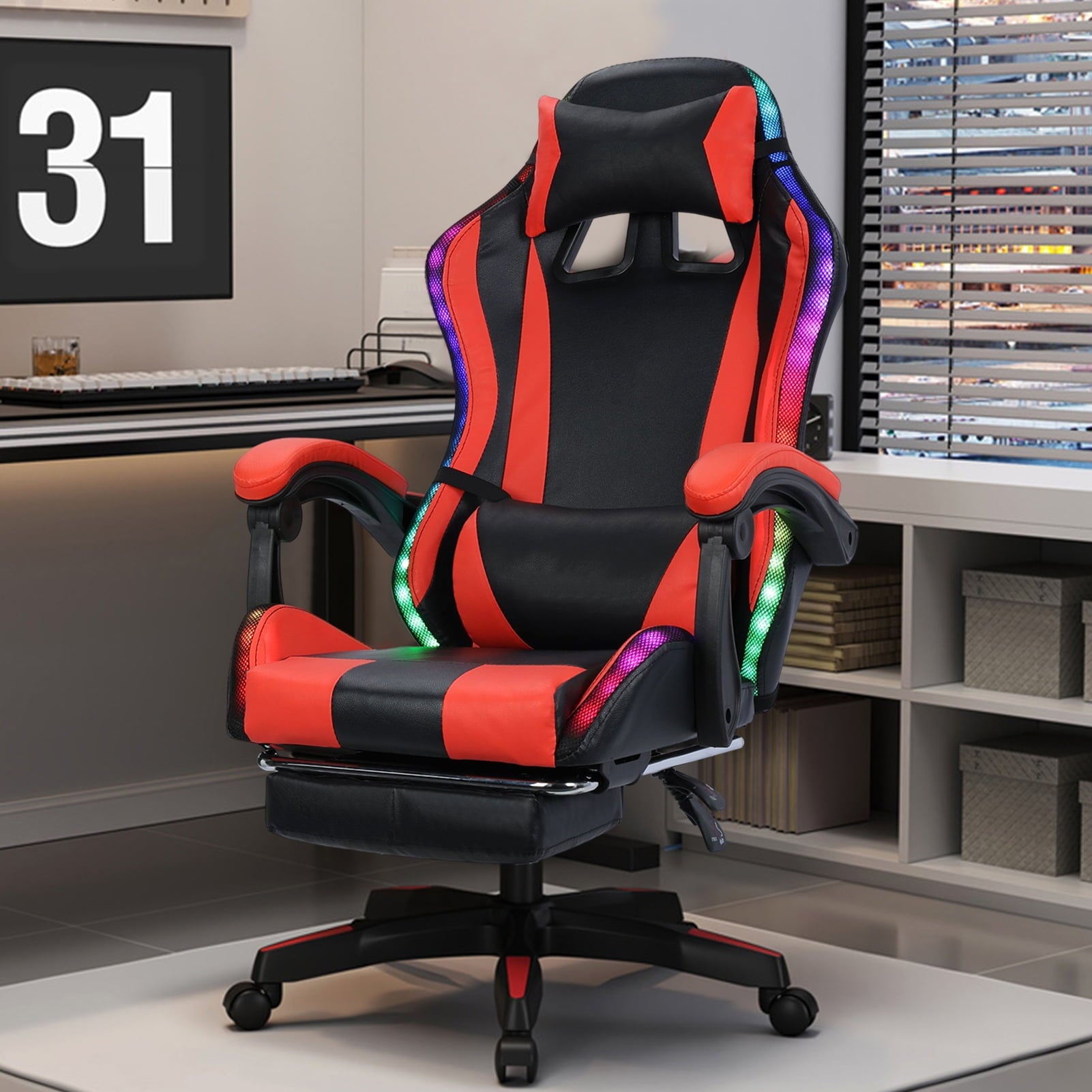 SUSUchens Gaming Chair Video Ergonomic Massage Computer Game Chair with Bluetooth-Compatible Speakers and LED Lights,Height Adjustable, High Back with Lumbar Support