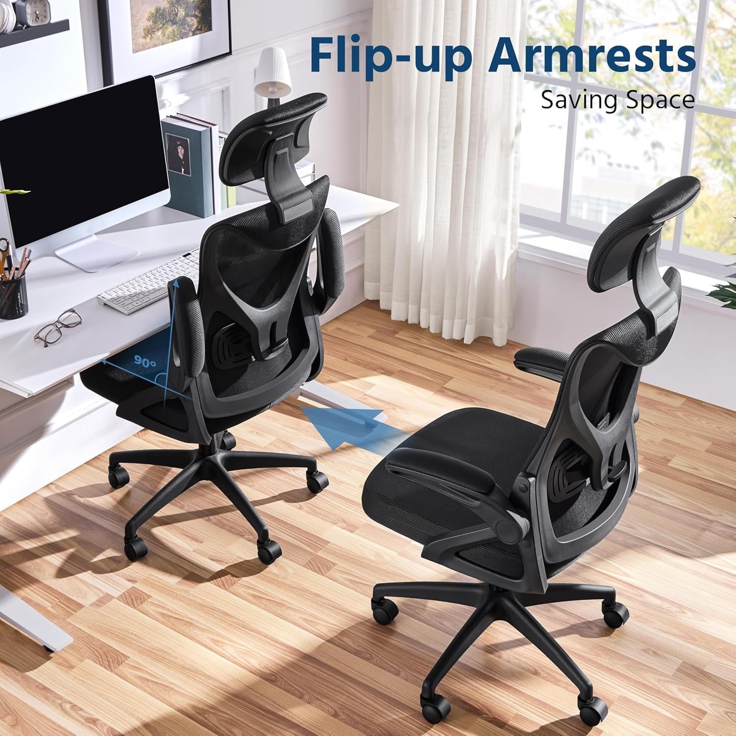 TDUKDB Ergonomic Mesh Office Chair, High Back Desk Chair with with flip-up Armrests, Adjustable Padded Headrest Computer Chair with Lumbar Support for Home Oiffce Game Room, Full Gray