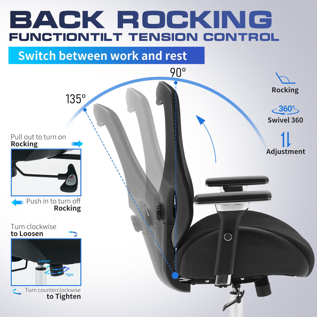 JONPONY 700lbs Big and Tall Office Chair with Wide Thick Seat Cushion,Ergonomic Computer Mesh Desk Chairs with 4D Armrests, Adjustable Lumbar Support for Adults 8 Hours daliy Work,Black