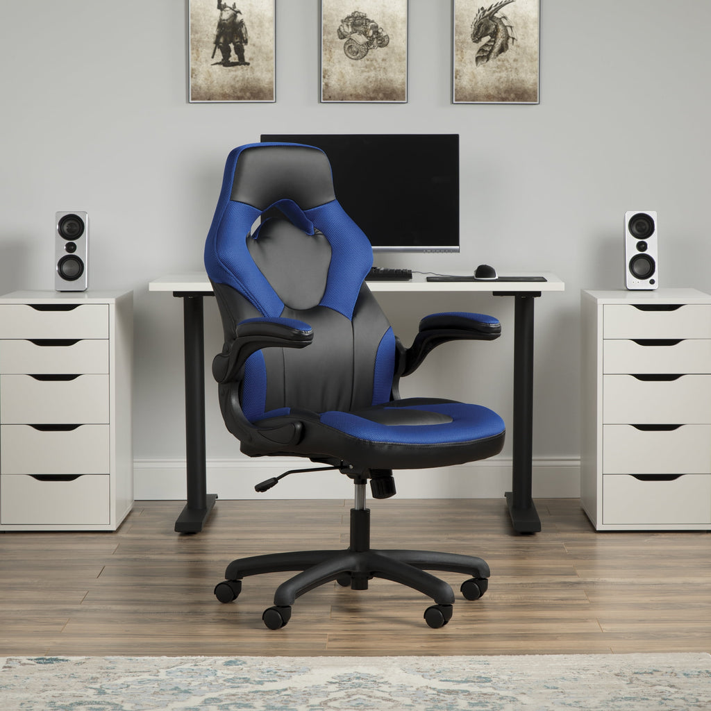 OFM Essentials Collection Racing Style Bonded Leather Gaming Chair, in Blue (ESS-3085-BLU)