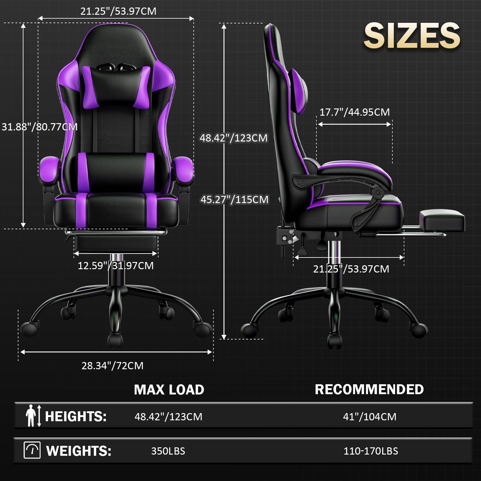 BSTYJQXH Adjustable Reclining Gaming Chair with Lumbar Support and Footrest, Purple