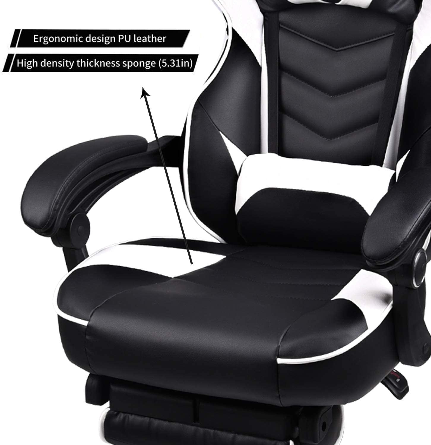 FULLWATT Racing Video Gaming Chair High Back Large Size Ergonomic Adjustable Swivel Reclining Executive Computer Chair with Headrest and Lumbar Support PU Leather Executive Office Chair White