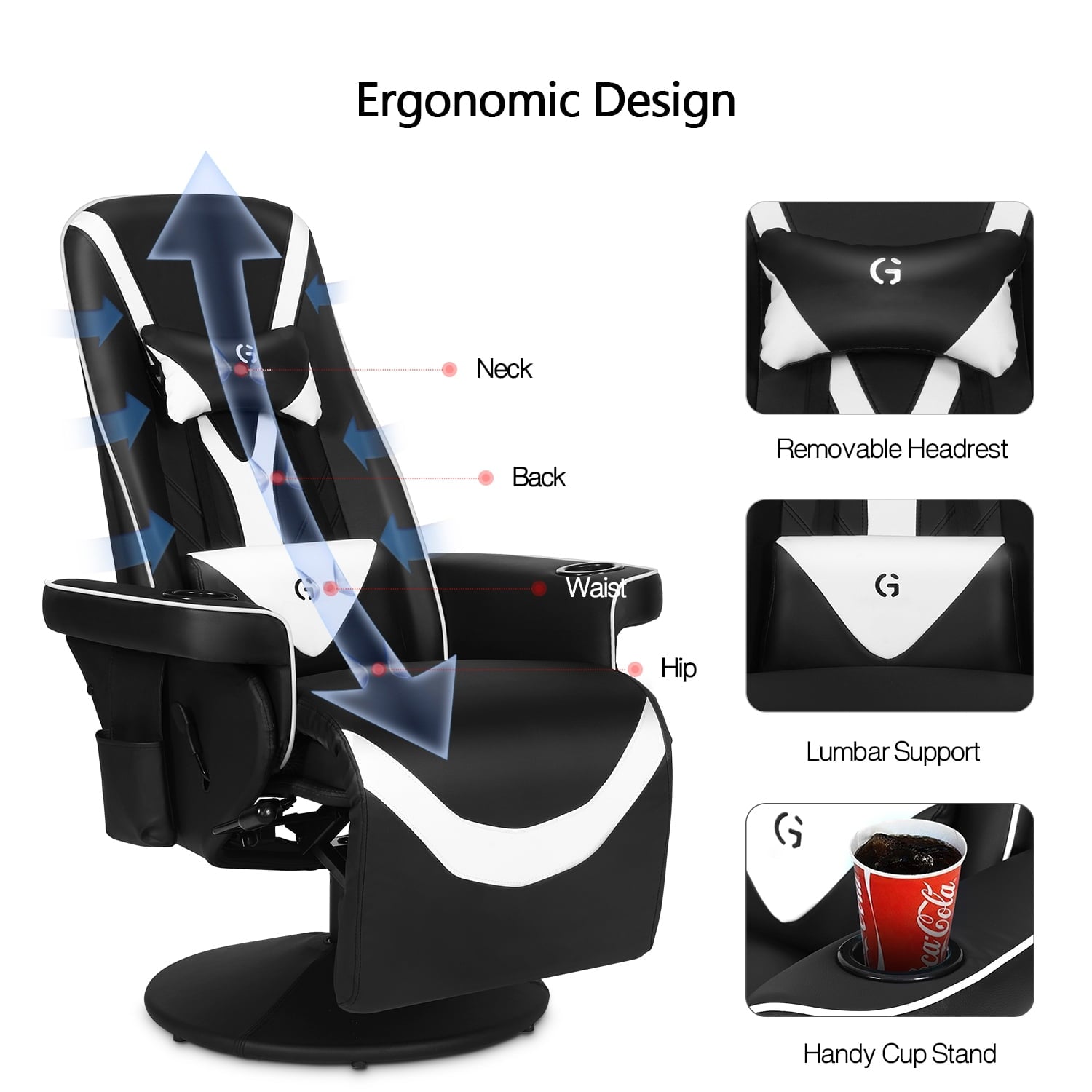 G-ROCKER Queen Throne Video Gaming Chair Ergonomic Recliner Racing Chair, High Back Swivel Chair with Footrest and Adjustable Backrest, Lumbar Support, Headrest and Cupholders, Black White