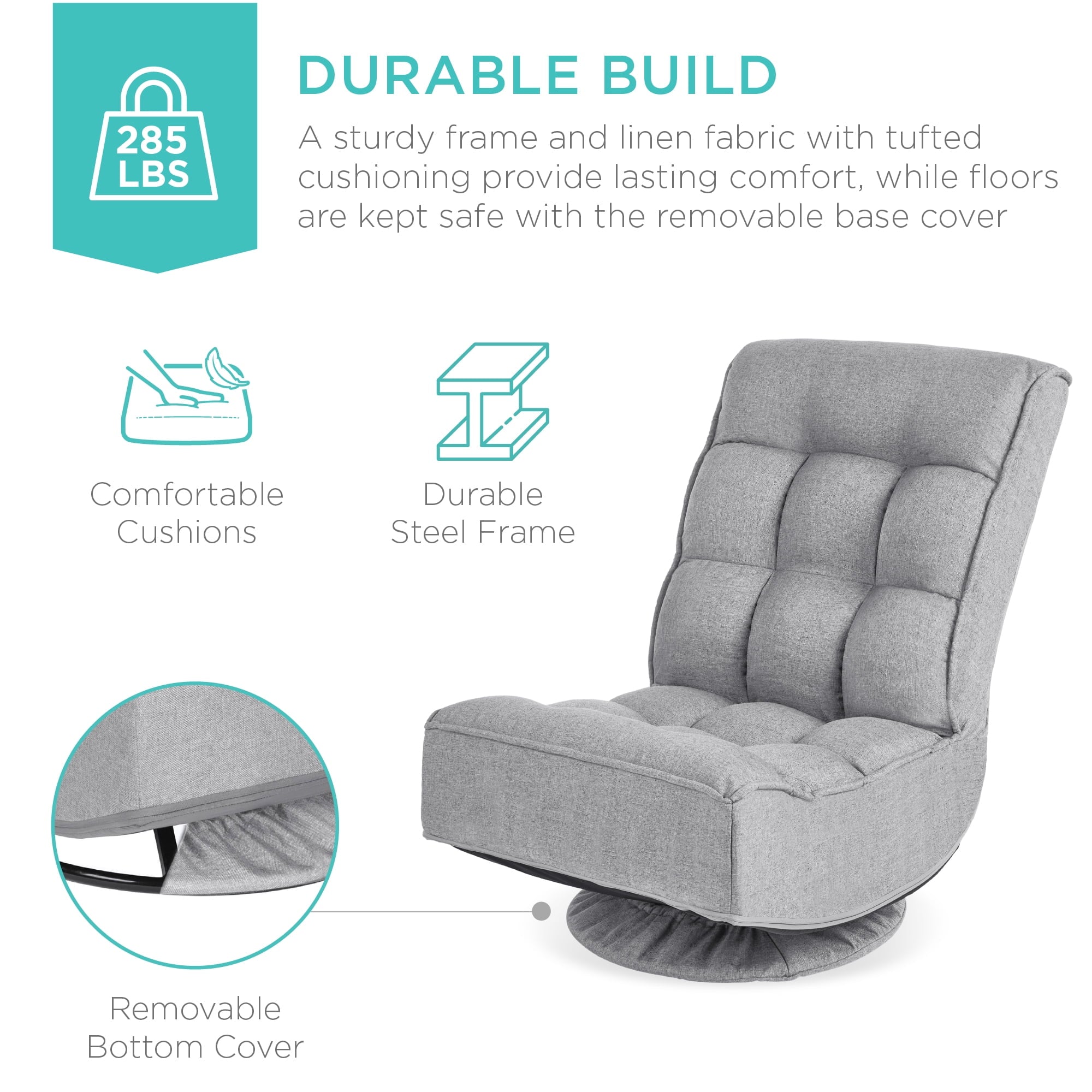 Best Choice Products Folding Floor Gaming Chair for Home, Office w/ 360-Degree Swivel, 4 Positions - Gray