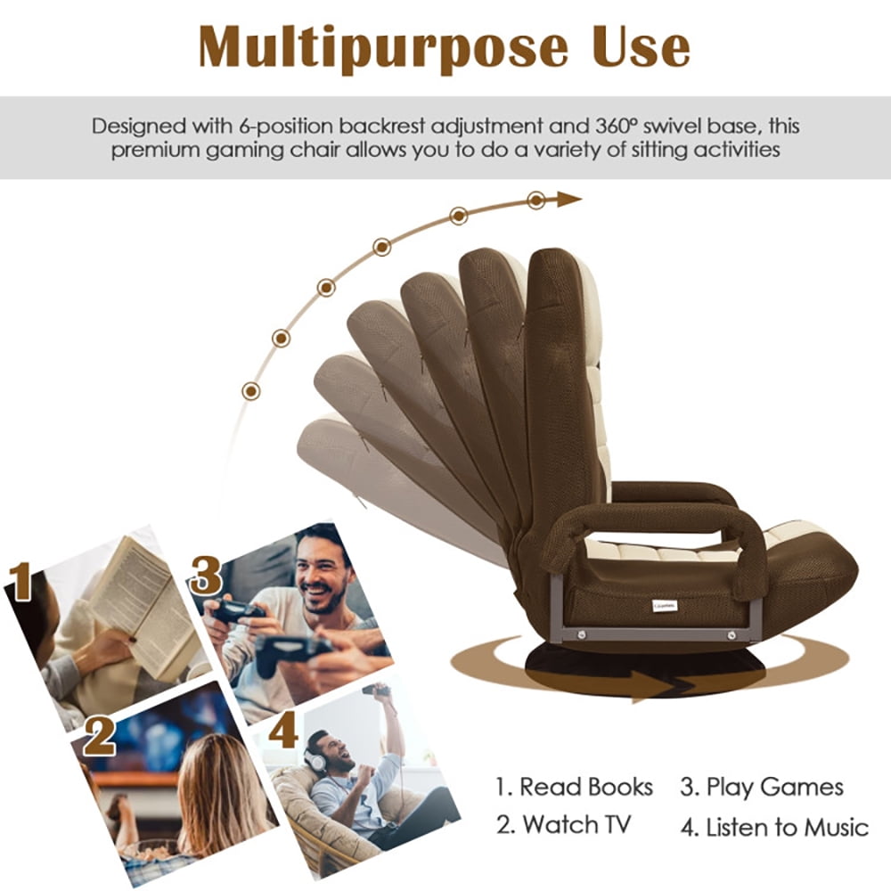 Canddidliike 360-Degree Swivel Gaming Floor Chair with Foldable Adjustable Backrest-Brown, Swivel Gaming Floor Chair for TV, Reading, Playing Video Games