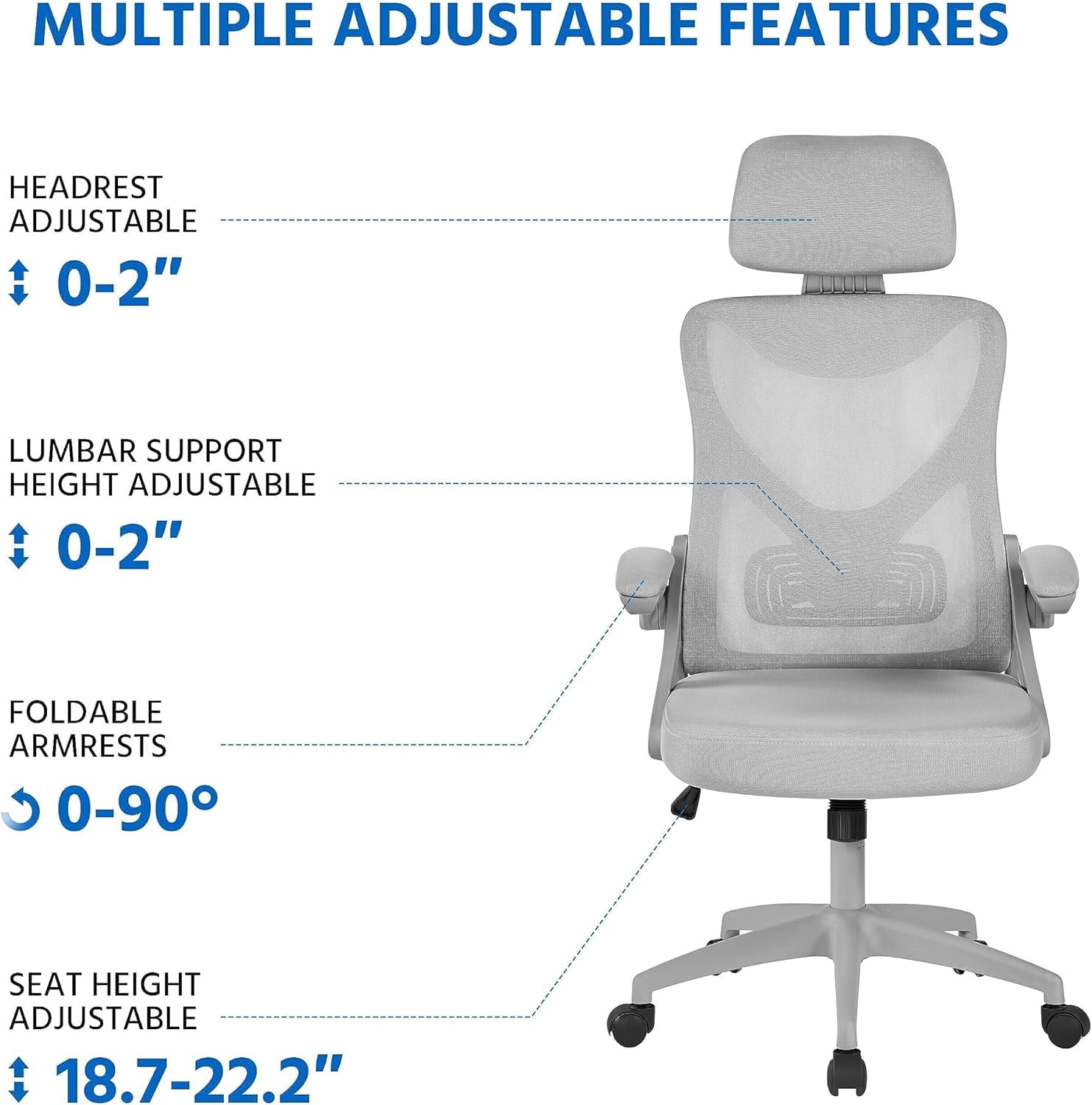 TDUKDB Ergonomic Mesh Office Chair, High Back Desk Chair with with flip-up Armrests, Adjustable Padded Headrest Computer Chair with Lumbar Support for Home Oiffce Game Room, Full Gray