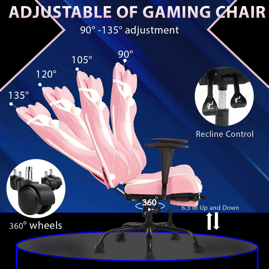 YRLLENSDAN Gaming Chair with Footrest & Adjustable Headrest for Adults and Kids, Big and Tall Gamer Chair with Lumbar Massage, Computer Chair Height Adjustable PU Leather Office Chair,Pink