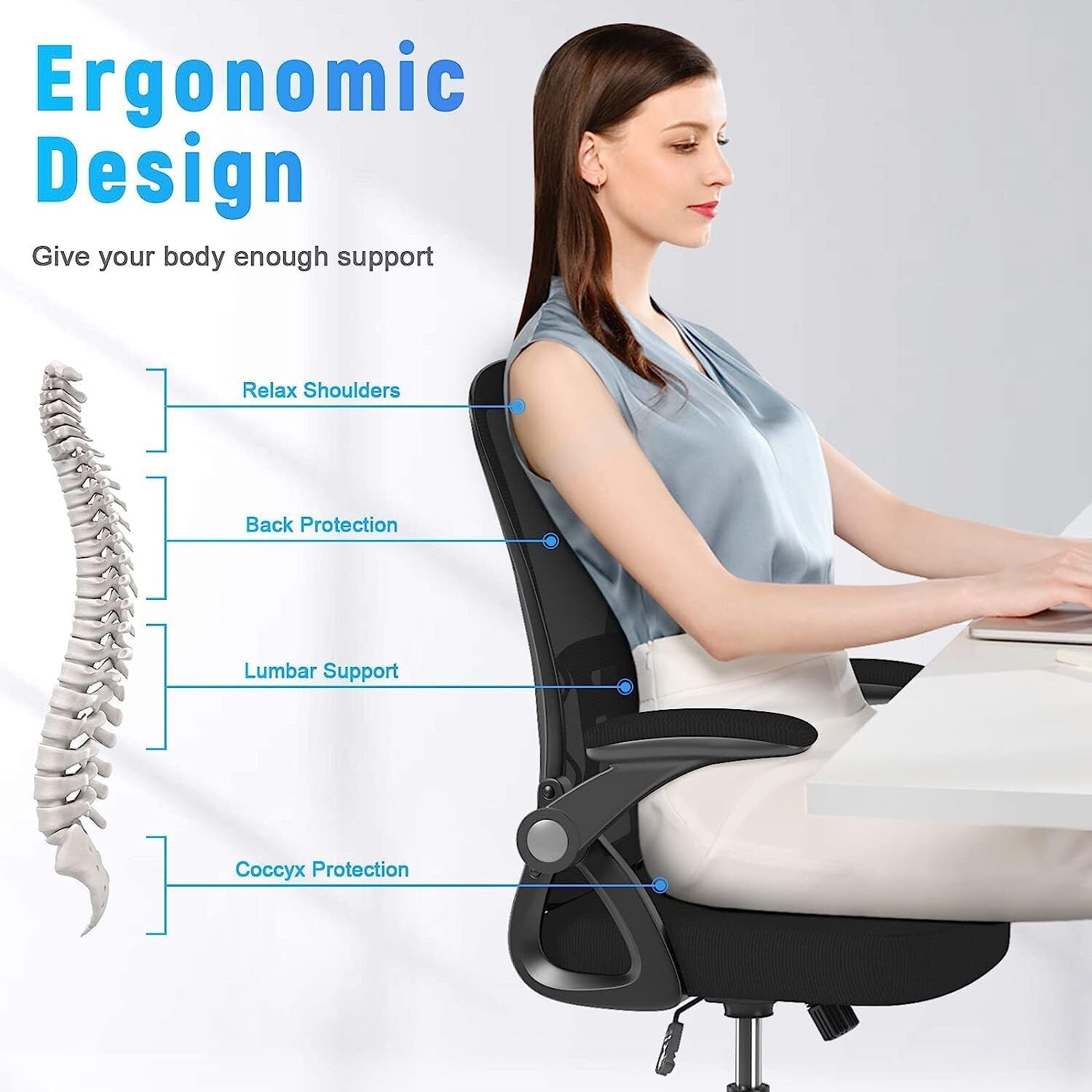MarketLane Ergonomic Office Chair, Mid Back Desk Chair with Adjustable Height, Swivel Chair with Flip-Up Arms and Lumbar Support, Breathable Mesh Computer Chair for Home/Study/Working(Black)
