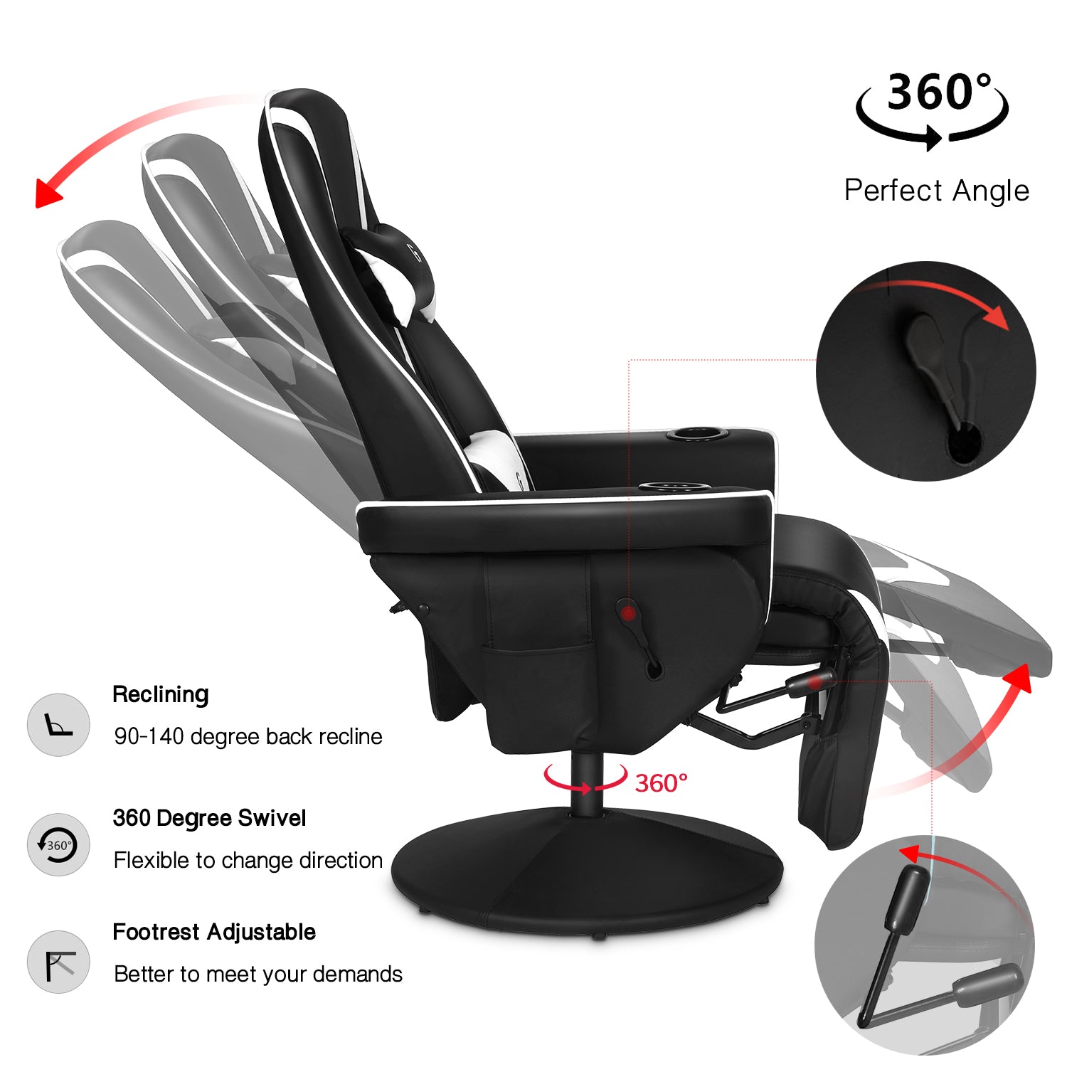 G-ROCKER Queen Throne Video Gaming Chair Ergonomic Recliner Racing Chair, High Back Swivel Chair with Footrest and Adjustable Backrest, Lumbar Support, Headrest and Cupholders, Black White