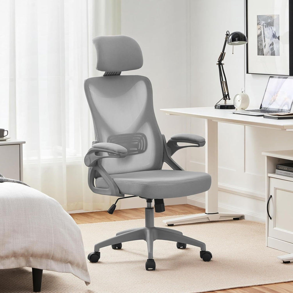 TDUKDB Ergonomic Mesh Office Chair, High Back Desk Chair with with flip-up Armrests, Adjustable Padded Headrest Computer Chair with Lumbar Support for Home Oiffce Game Room, Full Gray