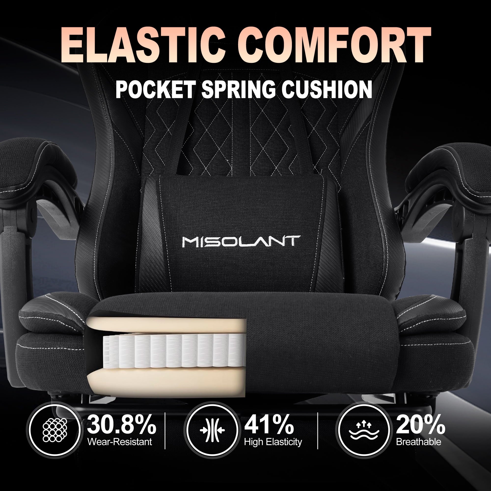 Misolant Gaming Chair, Fabric Gamer Chair with footrest for Adults, High Back Ergonomic Computer Game Chair with Adjustable Headrest and Massage Lumbar Support, 90-155° Recline Free，Black