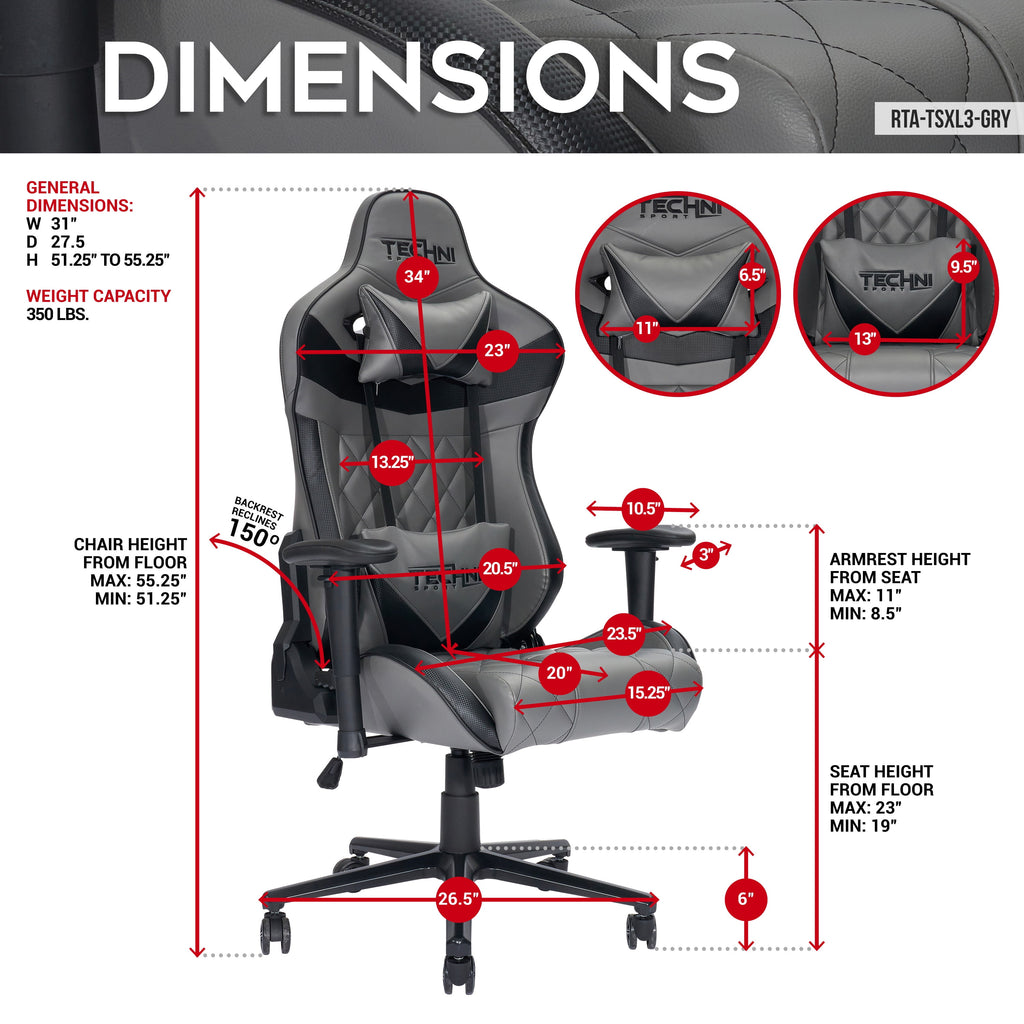 Techni Sport XL Ergonomic Gaming Chair with Memory Foam Seat and Back, Grey RTA-TSXL3-GRY