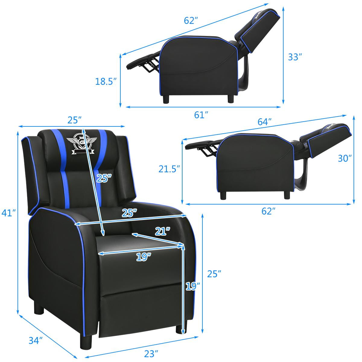 Giantex Gaming Recliner Chair, Reclining Gaming Chair Ergonomic Leather Sofa with Footrest Lumbar Support Headrest and Side Pouch for Living Room Home Theater, Blue