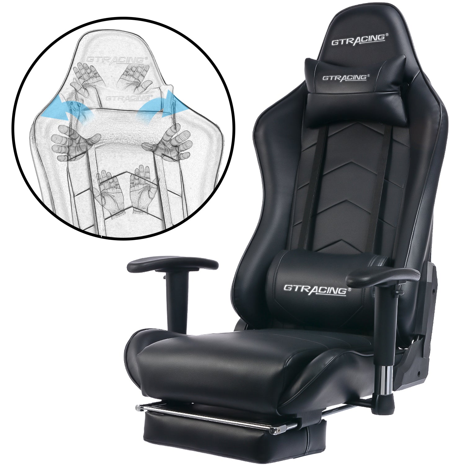 GTRACING Gaming Chair with Footrest Ergonomic Reclining Leather Chair, Black