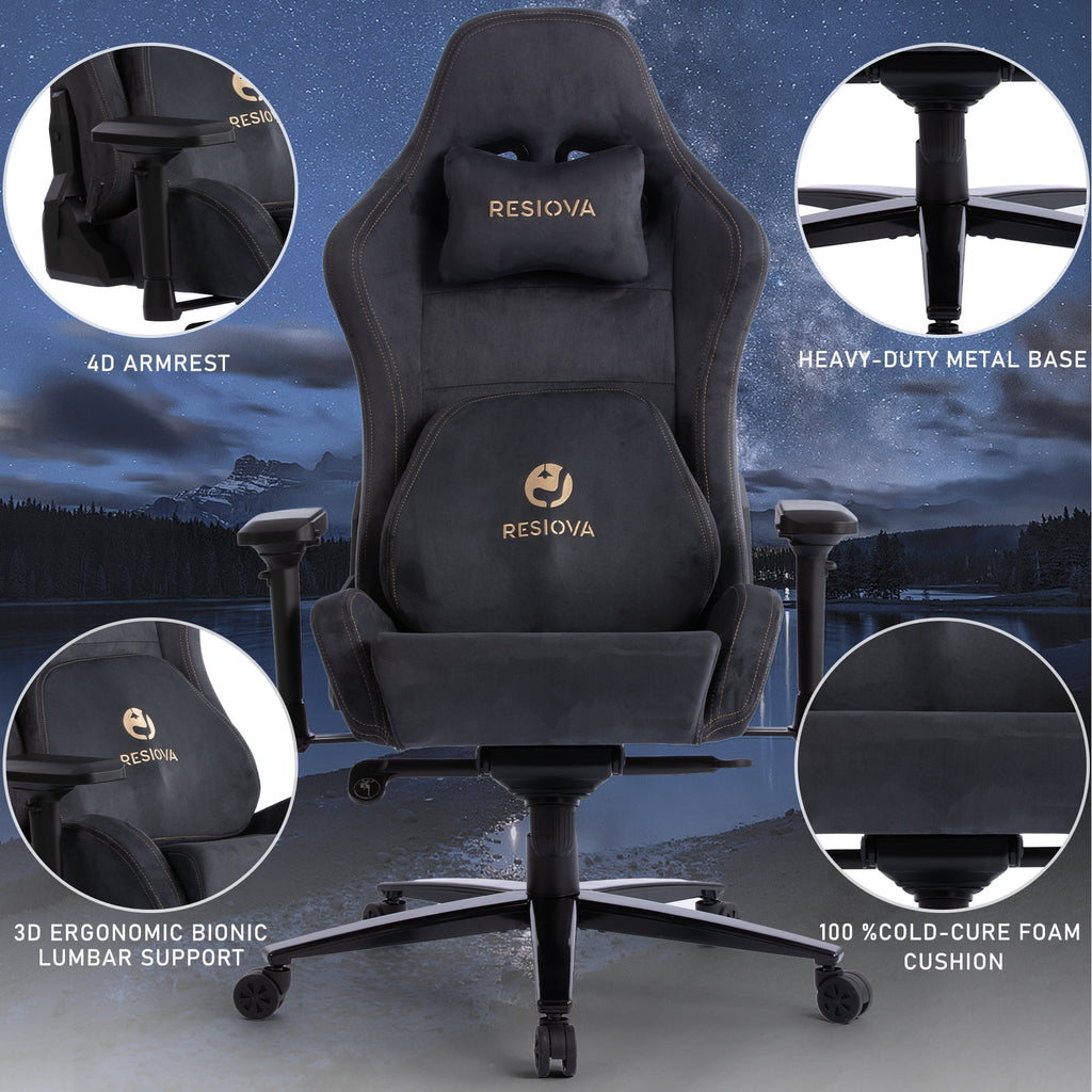 RESIOVA Gaming Chair with Suede Fabric,Big and Tall Ergonomic Office Computer Chair with 3D-Lumbar Support and 4D-Armrests,Gray